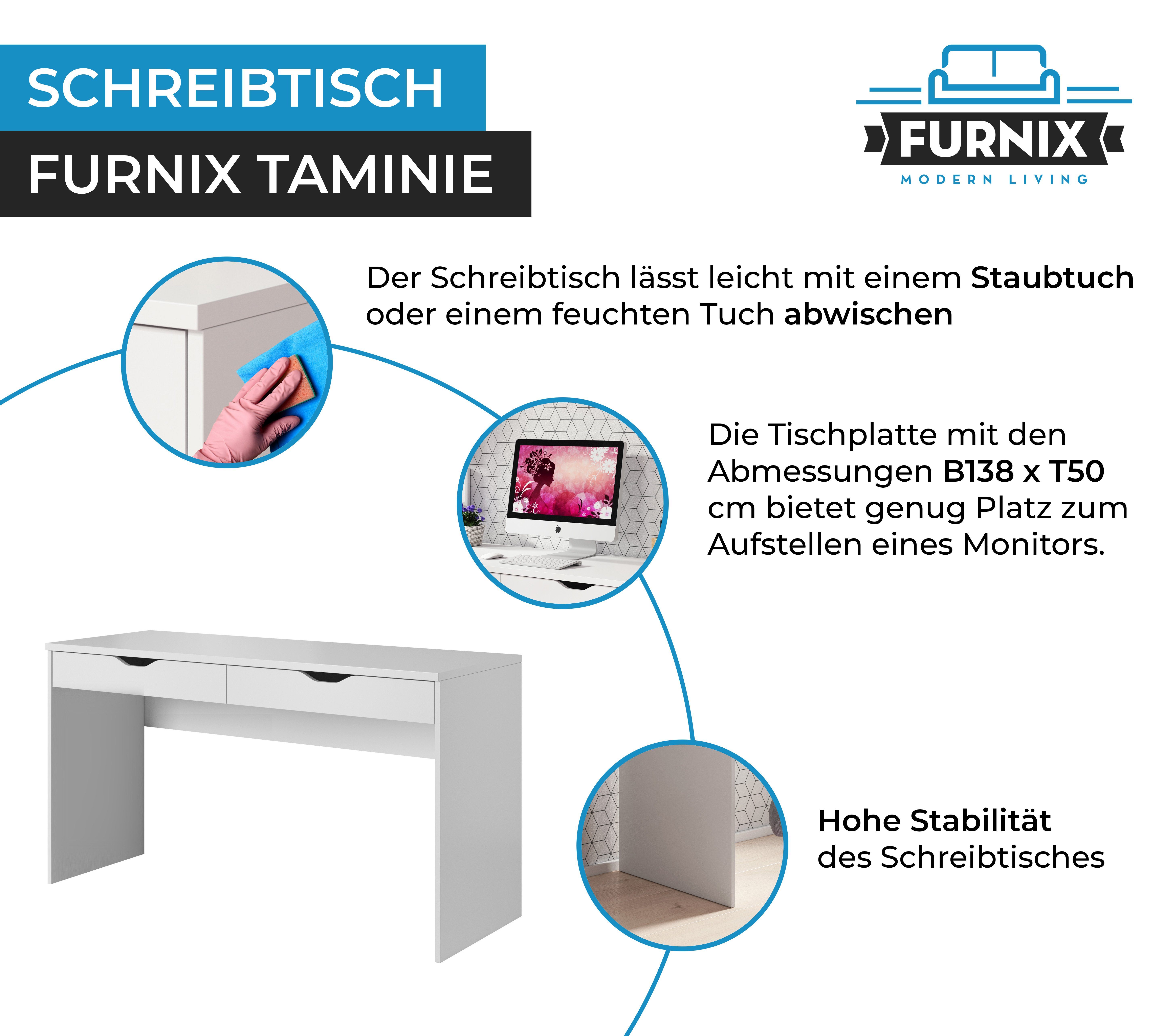 2 EU cm, Jugendliche, Weiß Furnix T50 Schreibtisch Schubladen B138 modernes x Kinder TAMINIE für in x made H76 und mit Design,
