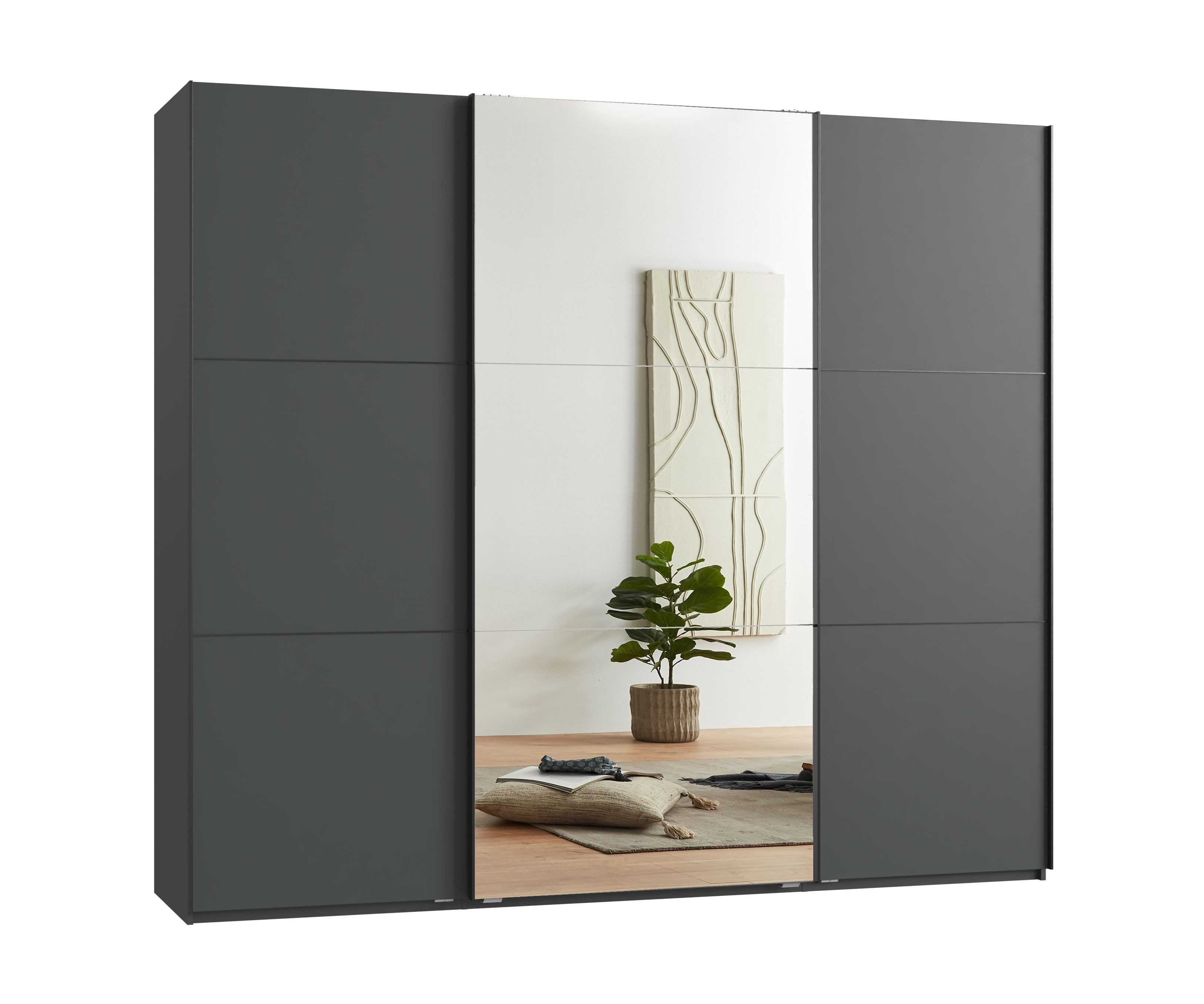 luma-home Schwebetürenschrank 22015 (3-türiger Kleiderschrank mit Vollausstattung als optimale Stauraumlösung) B250/H216/T65 cm in Anthrazit mit Spiegel und schwarzen Griffleisten