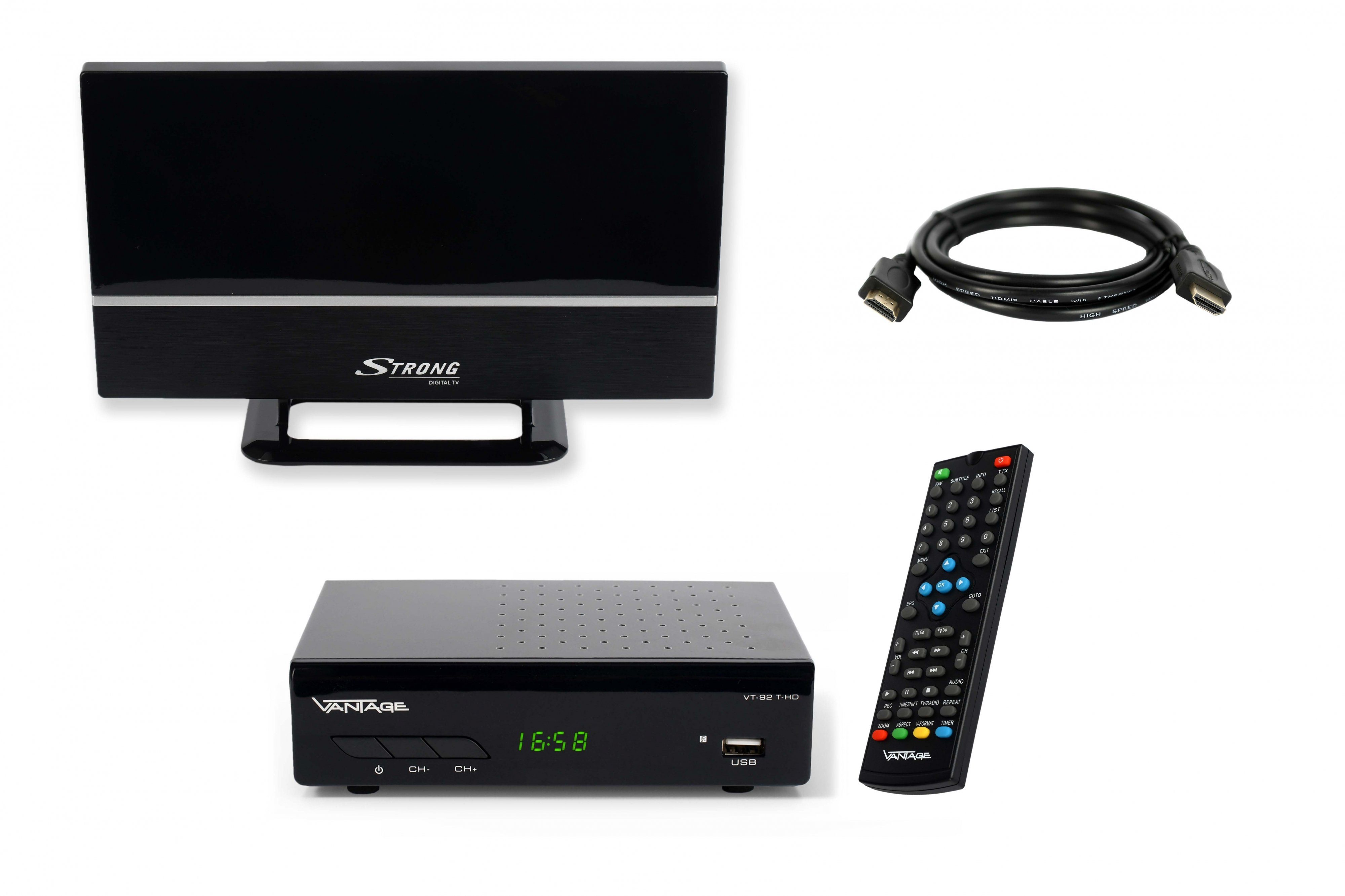 Vantage VT-92, Full HD DVB-T2 HD Receiver (2m HDMI Kabel, passive DVB-T2 Antenne)