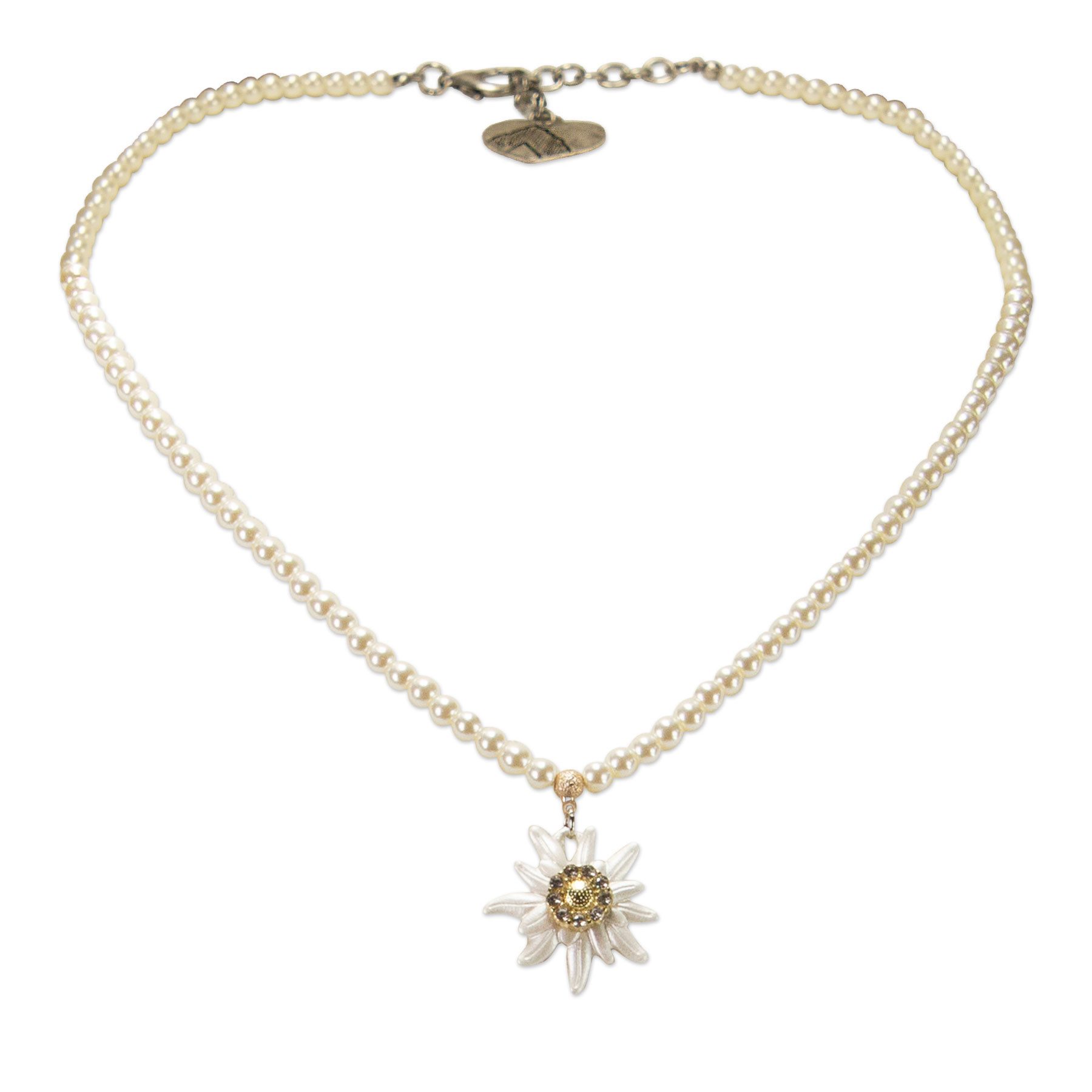 Alpenflüstern Collier Perlen-Trachtenkette Greta mit Strass-Edelweiß klein (creme-weiß), - Damen-Trachtenschmuck Dirndlkette