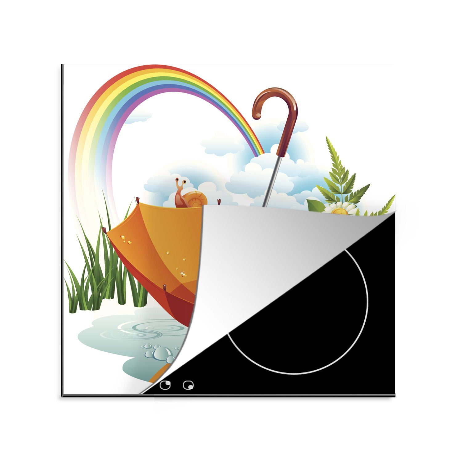 MuchoWow Herdblende-/Abdeckplatte Eine tlg), Regenschirms Illustration 78x78 für (1 Vinyl, küche orangefarbenen Arbeitsplatte cm, unter Ceranfeldabdeckung, einem, eines