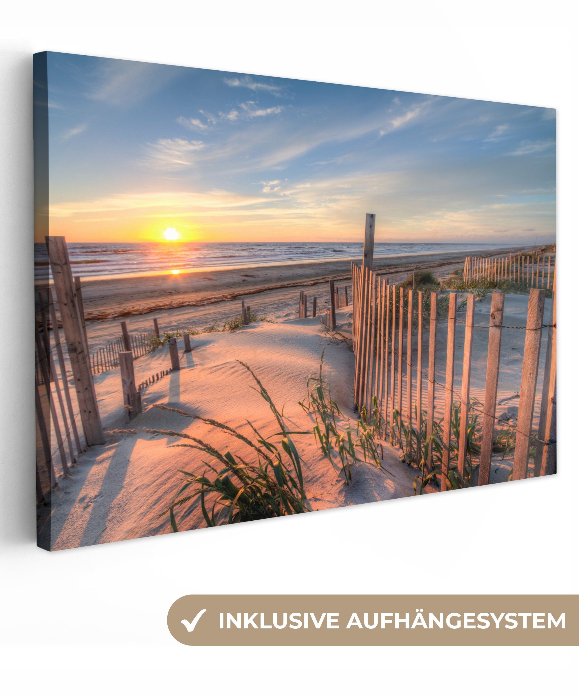 OneMillionCanvasses® Leinwandbild Strand - Meer - Düne - Sonnenuntergang - Landschaft, Fotodruck (1 St), Leinwände Wanddeko Wohnzimmer Schlafzimmer 60x40 cm