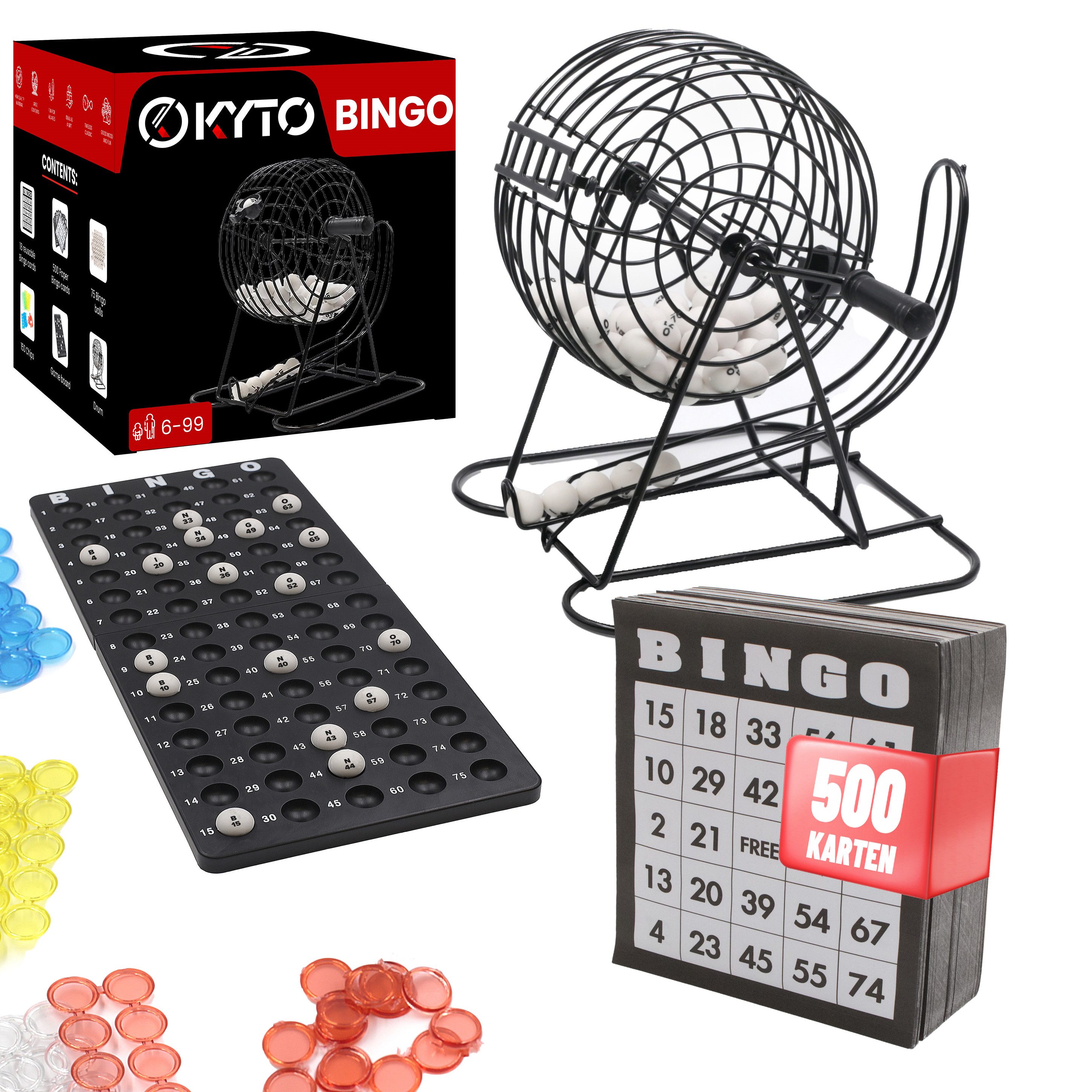 Kyto Spiel 18 Bingotickets 75 Bingo Kugeln 150 Chips Spielbrett + 500 Bingokarten, Bingospiel