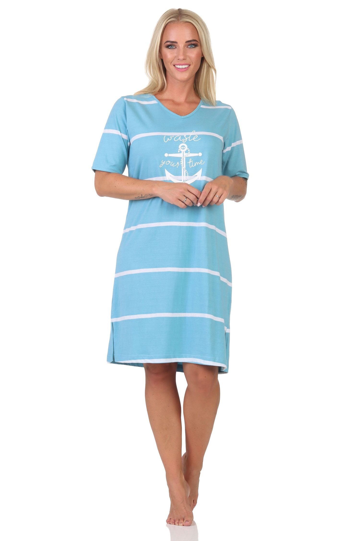 Normann Nachthemd Damen Nachthemd in maritimer Optik mit Anker Motiv –auch in Übergröße