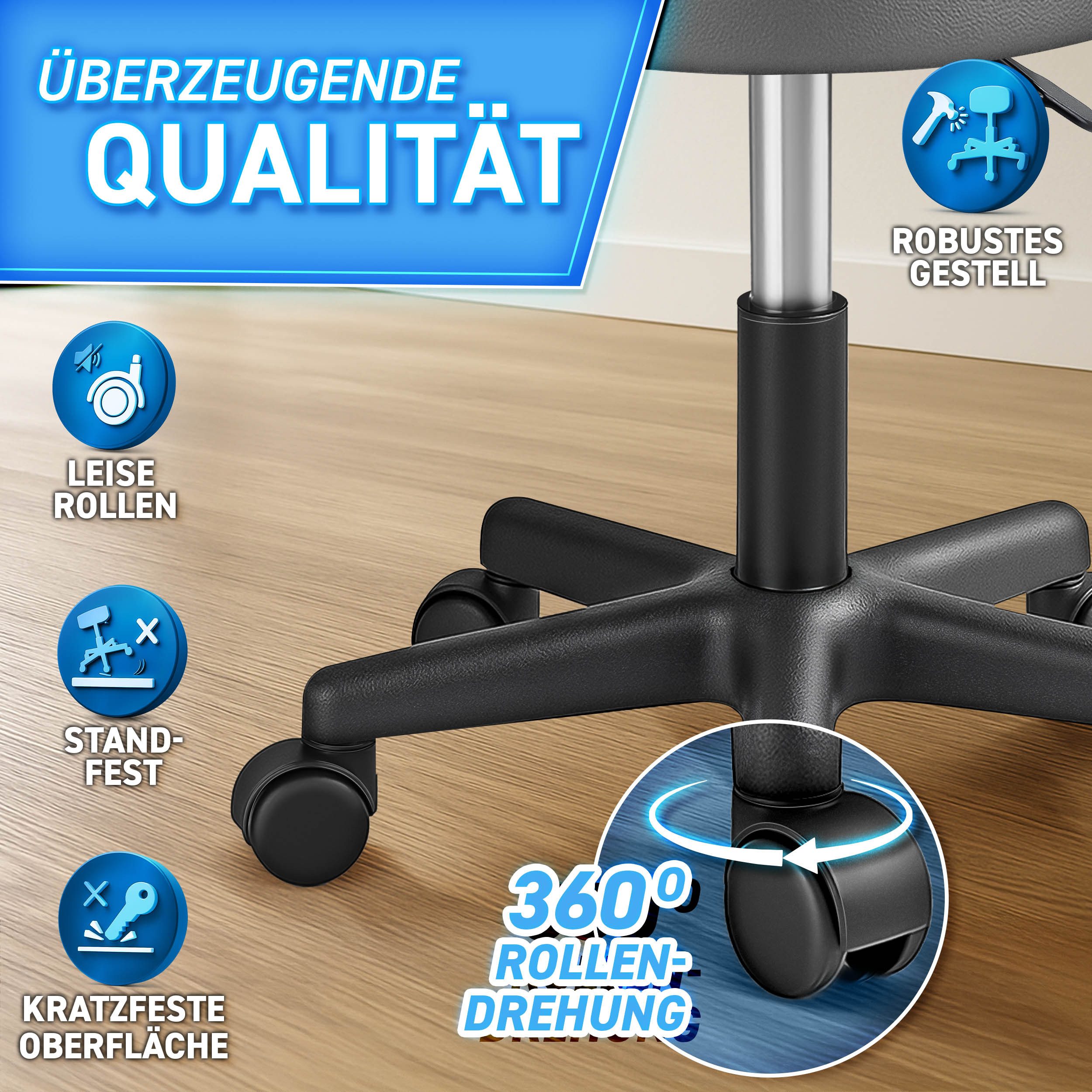 TRESKO Drehhocker Rollhocker höhenverstellbar, 10 cm Dicke Polsterung, Arbeitshocker Hocker 360° drehbar