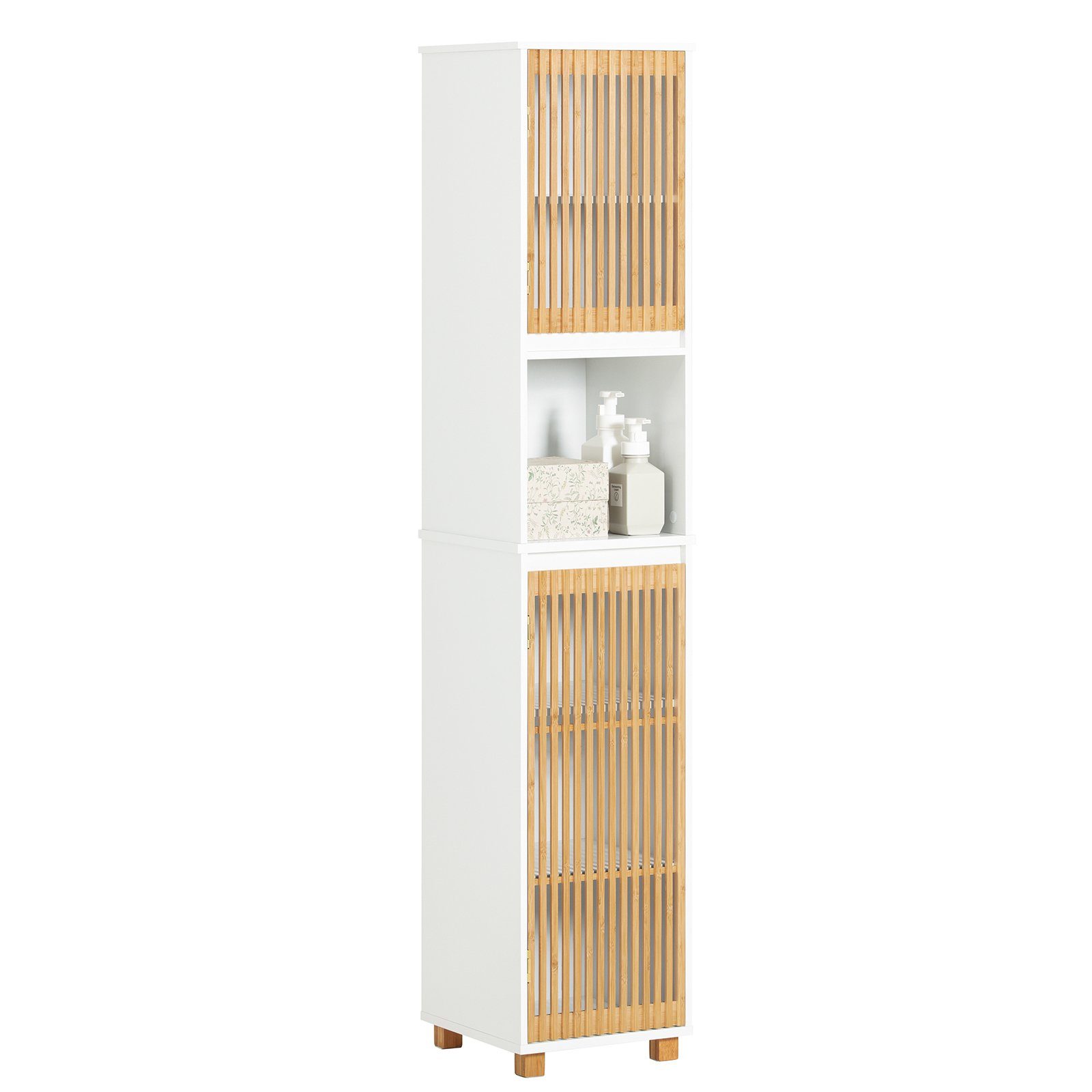SoBuy Hochschrank BZR127, Badezimmerschrank schmal, Badregal Badschrank Badezimmermöbel Beistellschrank Badkommode, mit Bambustüren, verstellbaren Ablagen