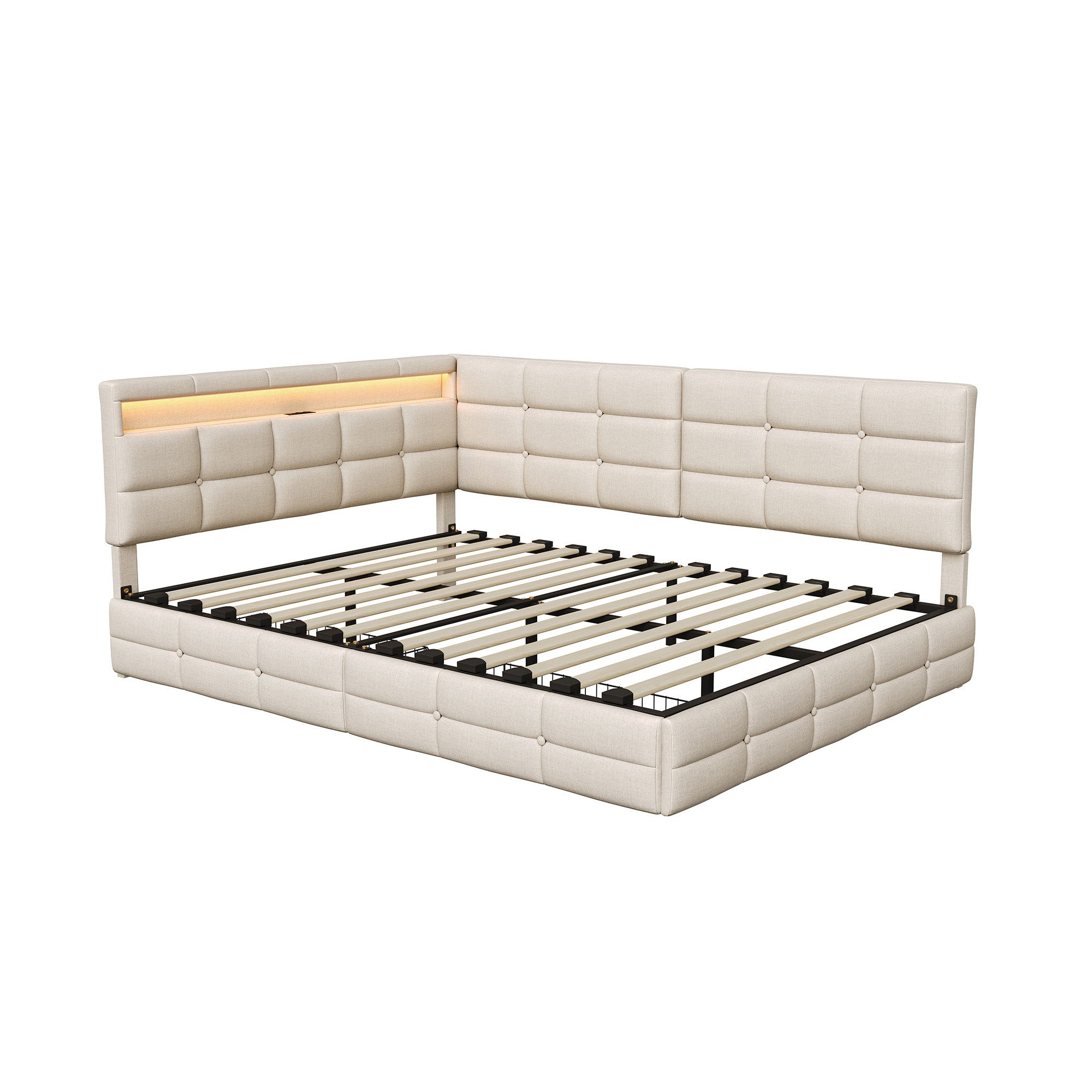 Gdood Polsterbett Daybett Jugendbett Tagesbett (1-tlg., 2 Schubladen, Geeignet für Jungen und Mädchen), Mit LED-Beleuchtung, Ladefunktion, Leinen, 140x200 cm