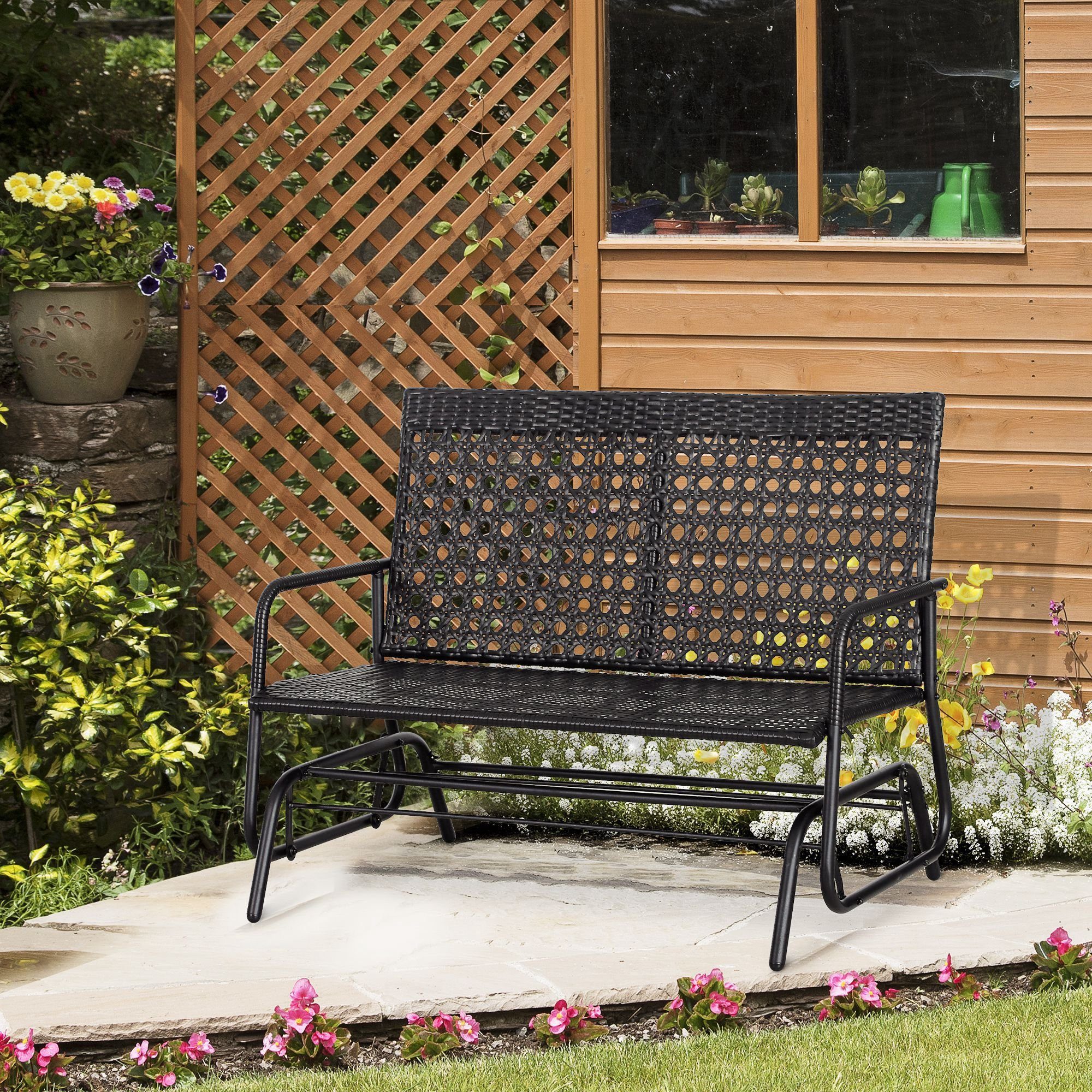 Outsunny Schaukelstuhl Sitzbank Schaukel 2-Sitzer Polyrattan (Schaukelbank, 1 St), Schwarz 76cm x 120cm x 90cm