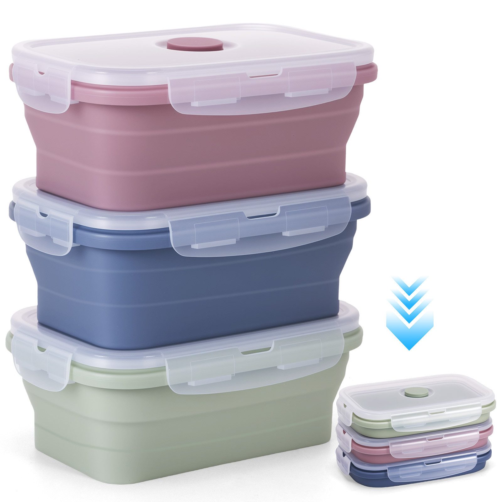 Lunchbox 3 Stück Silikon Faltbare Brotdose, 550ML Frischhaltedosen mit Deckel