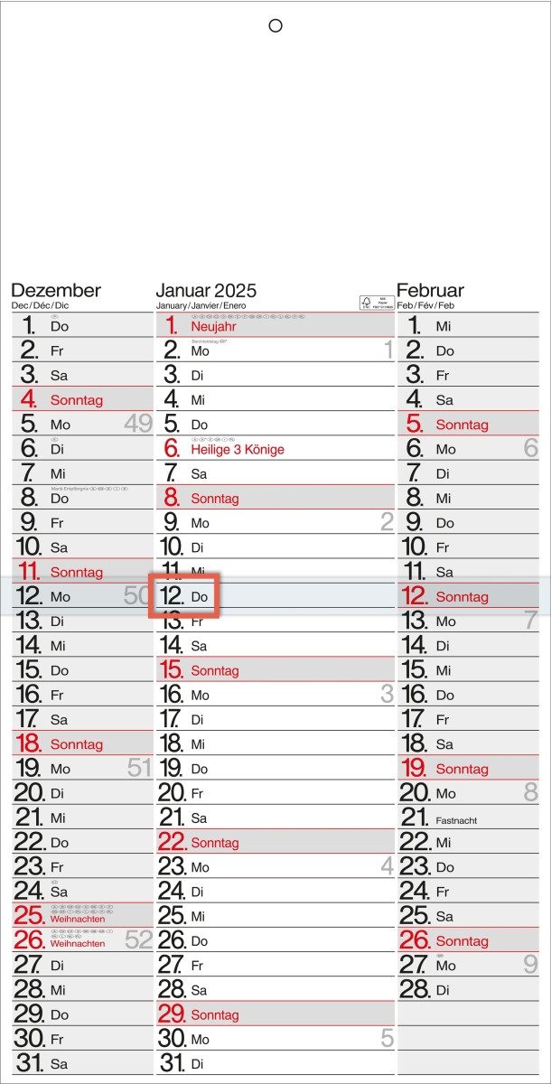 GÜSS Kalender Wandkalender 3-Monatskalender 30x64cm Kalendarium 2026