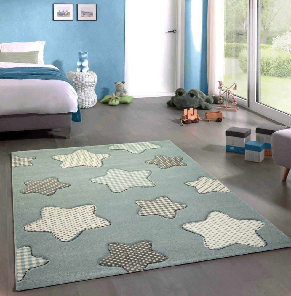 Carpetia Kinderteppich Kinderteppich Spielteppich Babyteppich Jungen Sterne blau creme grau, rund, Höhe: 13 mm