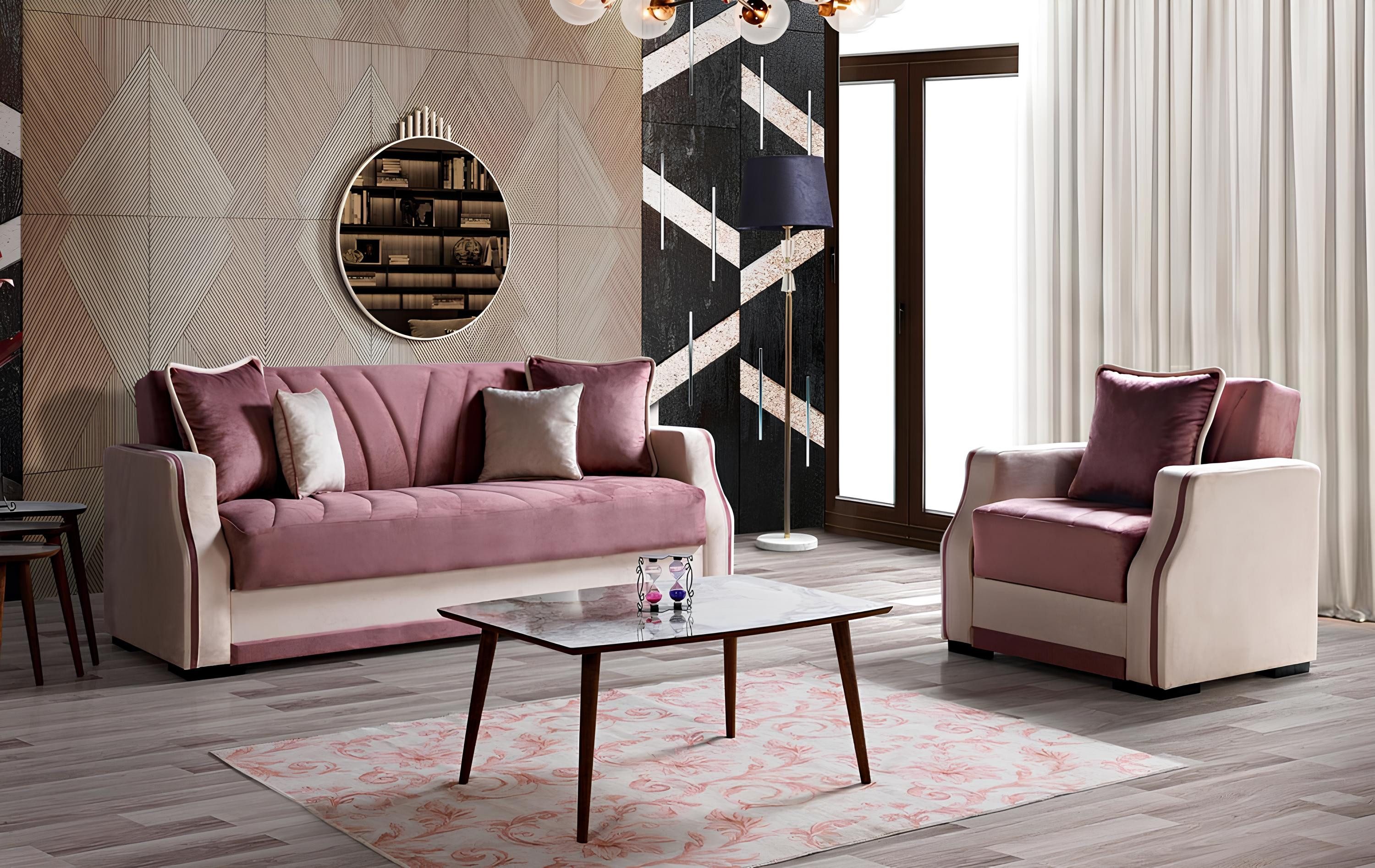 JVmoebel Polstergarnitur Modernes Textil-Sofa in Rosa-Beige mit Holzfüßen und Sessel, (2-tlg., 3 Sitzer / Sessel), Made in Europa