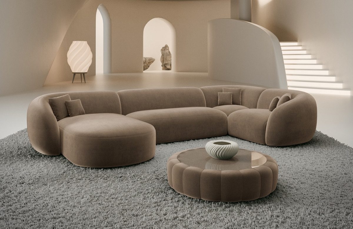 Sofa Dreams Wohnlandschaft Sorelia U Form Design Polsterecke, 6-Sitzer, Stoff Sofa, Samtstoff Bezug in Braun, Ottomane links