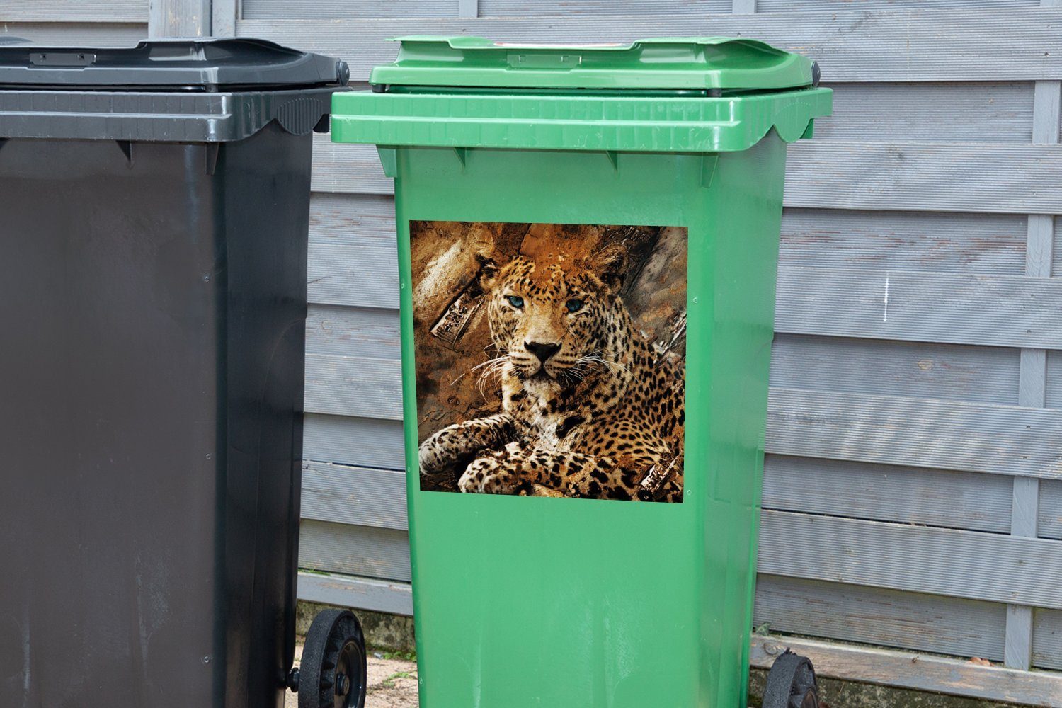 Leopard - St), Container, Sticker, MuchoWow Tiere Mülltonne, - Wandsticker Mülleimer-aufkleber, Wild Abfalbehälter (1