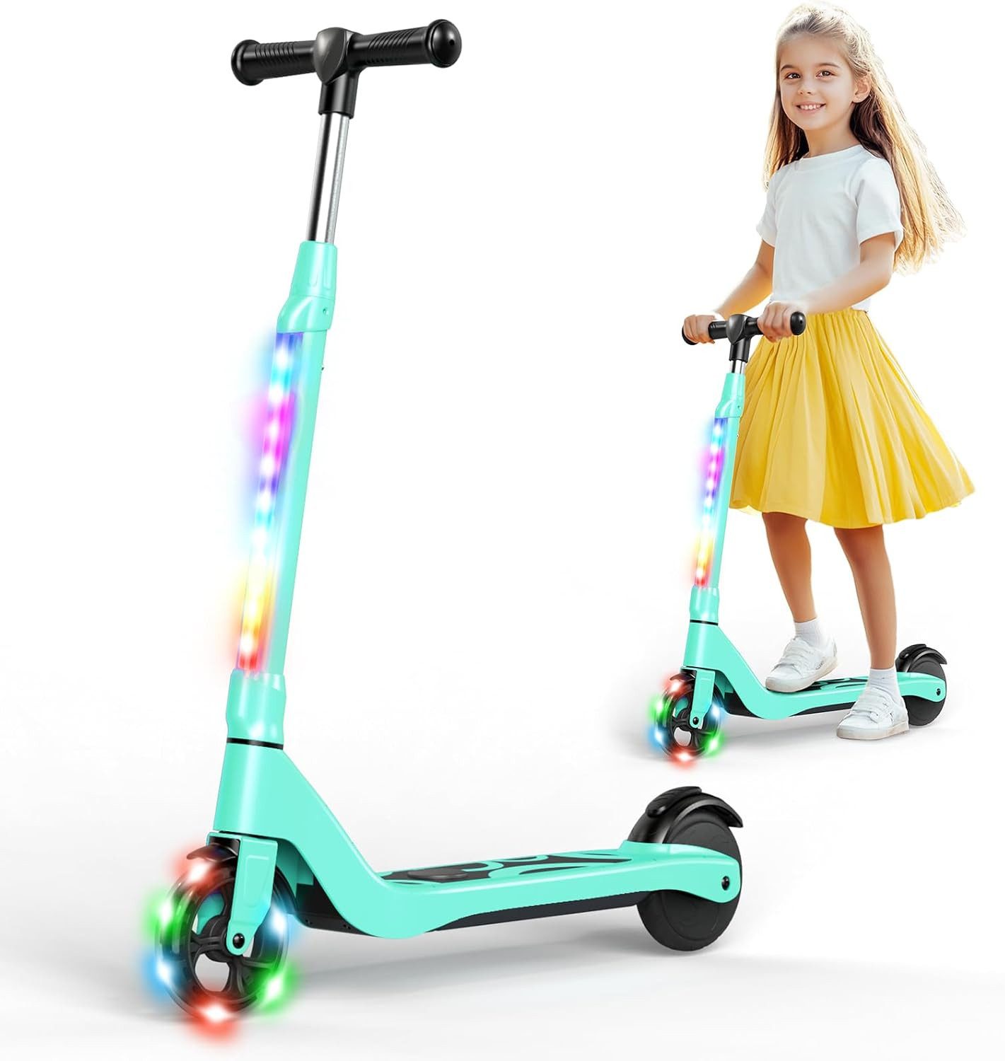 SISIGAD Elektro-Kinderroller E-Scooter Kinder 6-10 Jahre, max. 10 km/h, höhenverstellbarer Lenker, Cityroller für Kinder mit bunten LED-Lichtern, Belastung bis 70kg