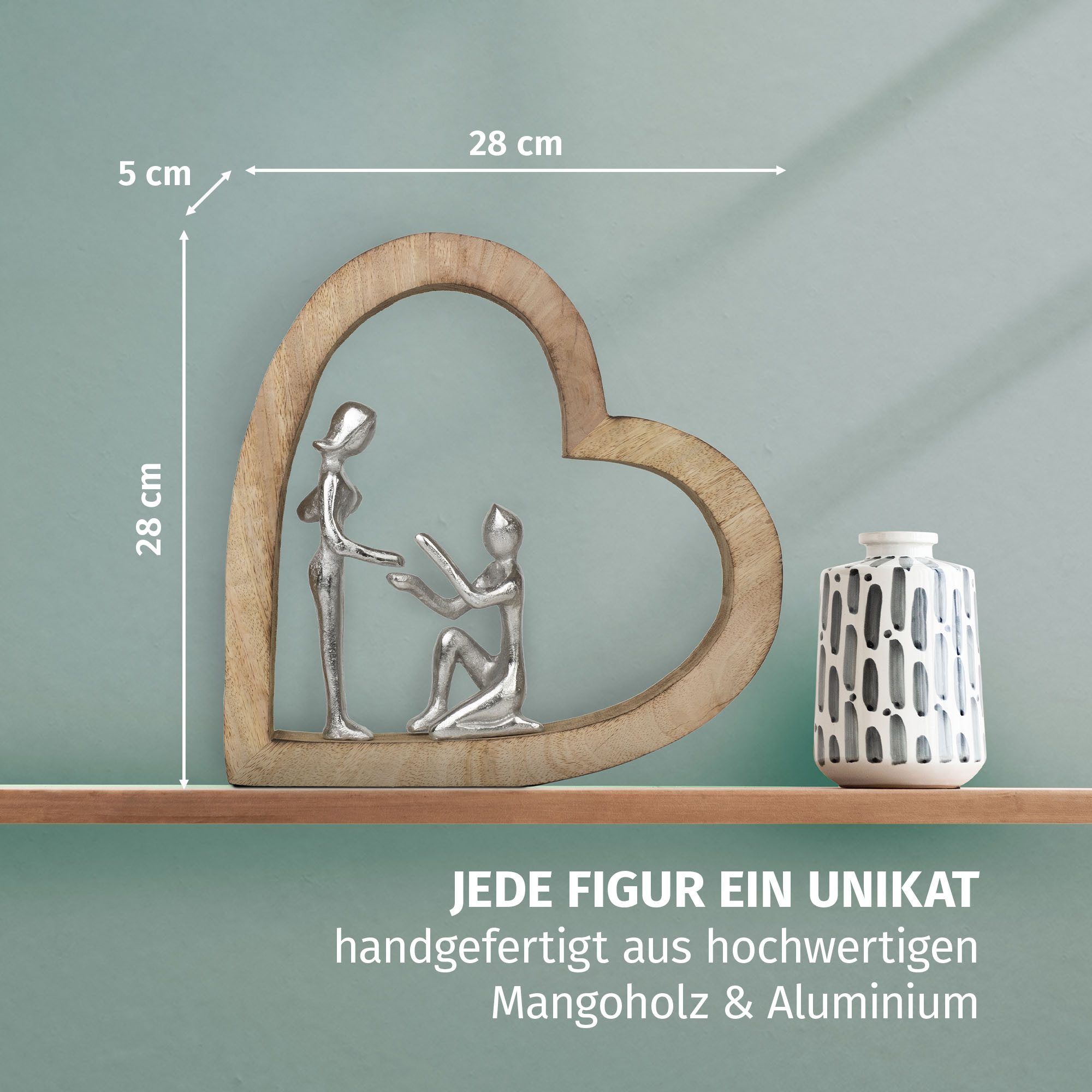 Moritz Skulptur Dekofigur The Promise 28 cm aus Mangoholz und Aluminium Herz Skulptur