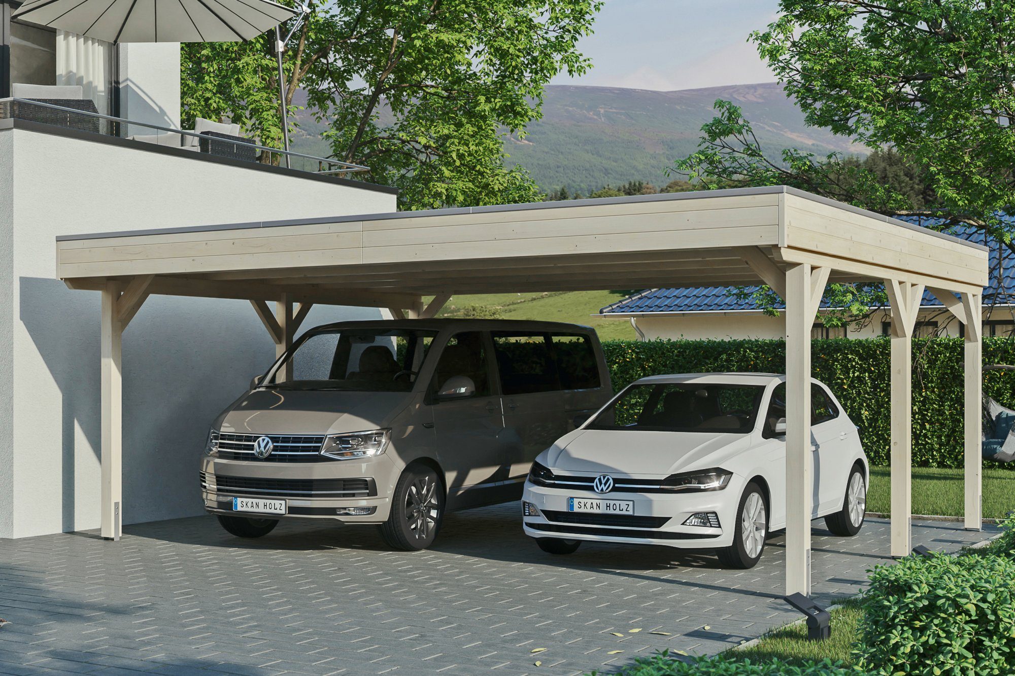 Skanholz Doppelcarport Grunewald, BxT: 622x554 farblich cm mit unbehandelt EPDM-Dach, Flachdach-Carport, Einfahrtshöhe, 590 cm