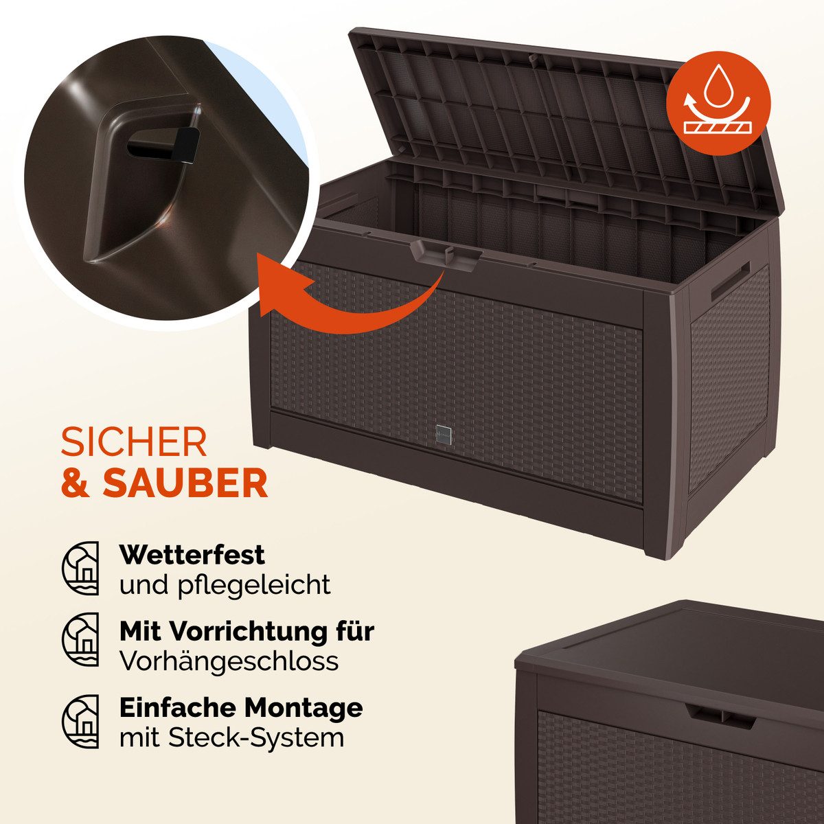 Casaria Auflagenbox Rato, UV-beständig 310L Haltegriffe Balkon Wohnzimmer Rattan-Optik Braun