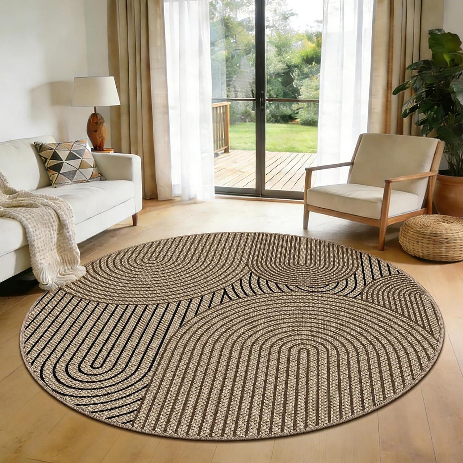 LuxusKollektion Outdoorteppich Teppich rund 160cm Jute Optik Braun-Schwarz, rund, Höhe: 10 mm