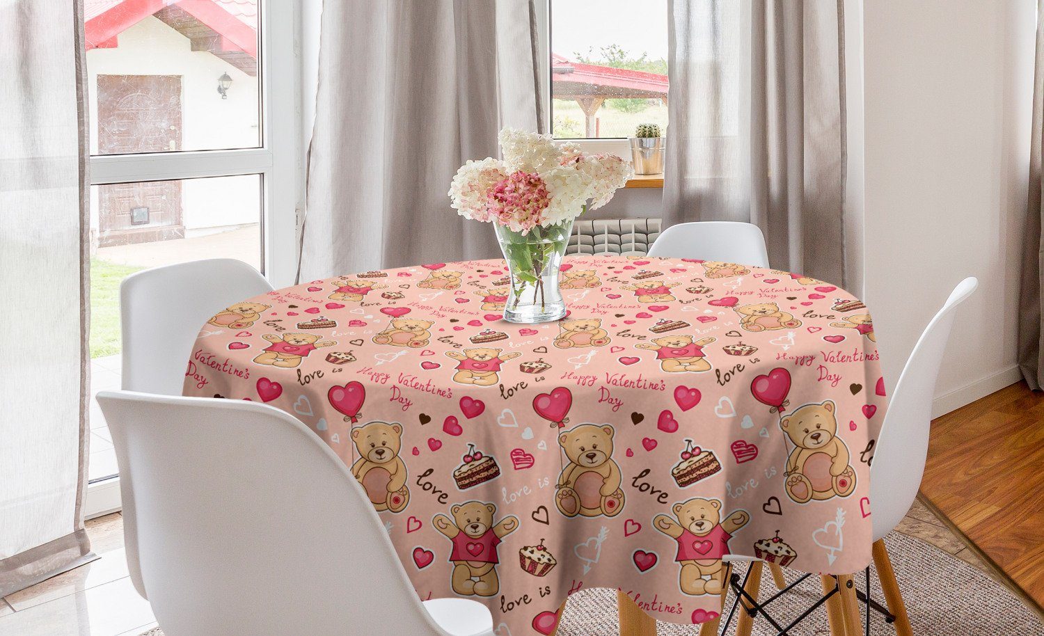 Abakuhaus Tischdecke Kreis Tischdecke Abdeckung für Esszimmer Küche Dekoration, Valentines Bär Kuchen Ballon | Tischdecken