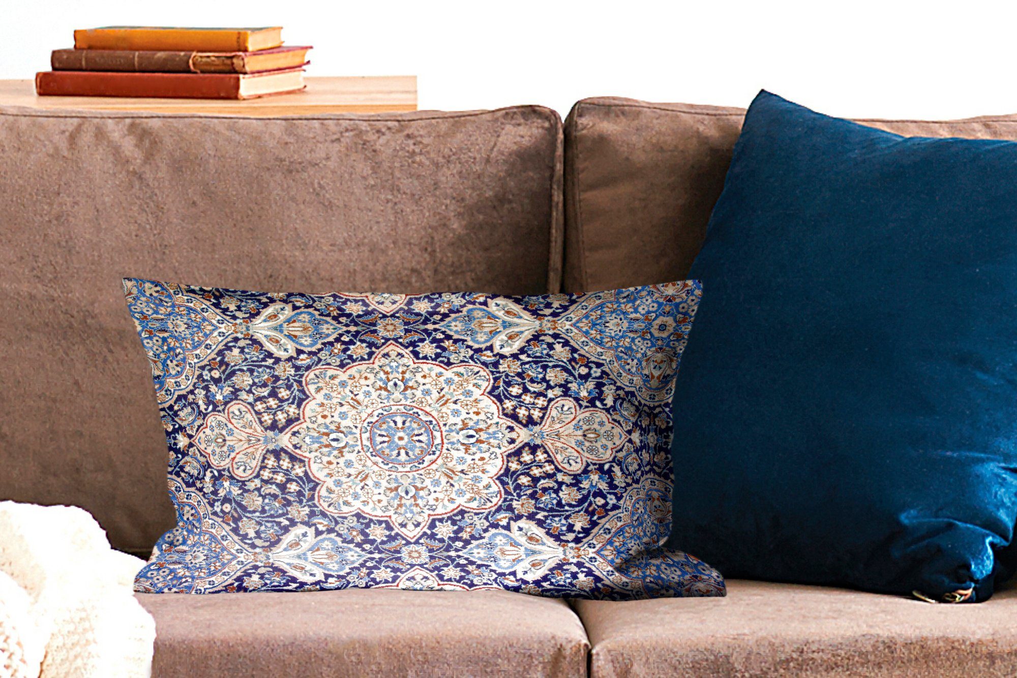 Teppich Dekoration, Teppich Wohzimmer - mit Zierkissen, Blau, - Dekokissen Schlafzimmer Füllung, Mandala - Dekokissen MuchoWow Persischer