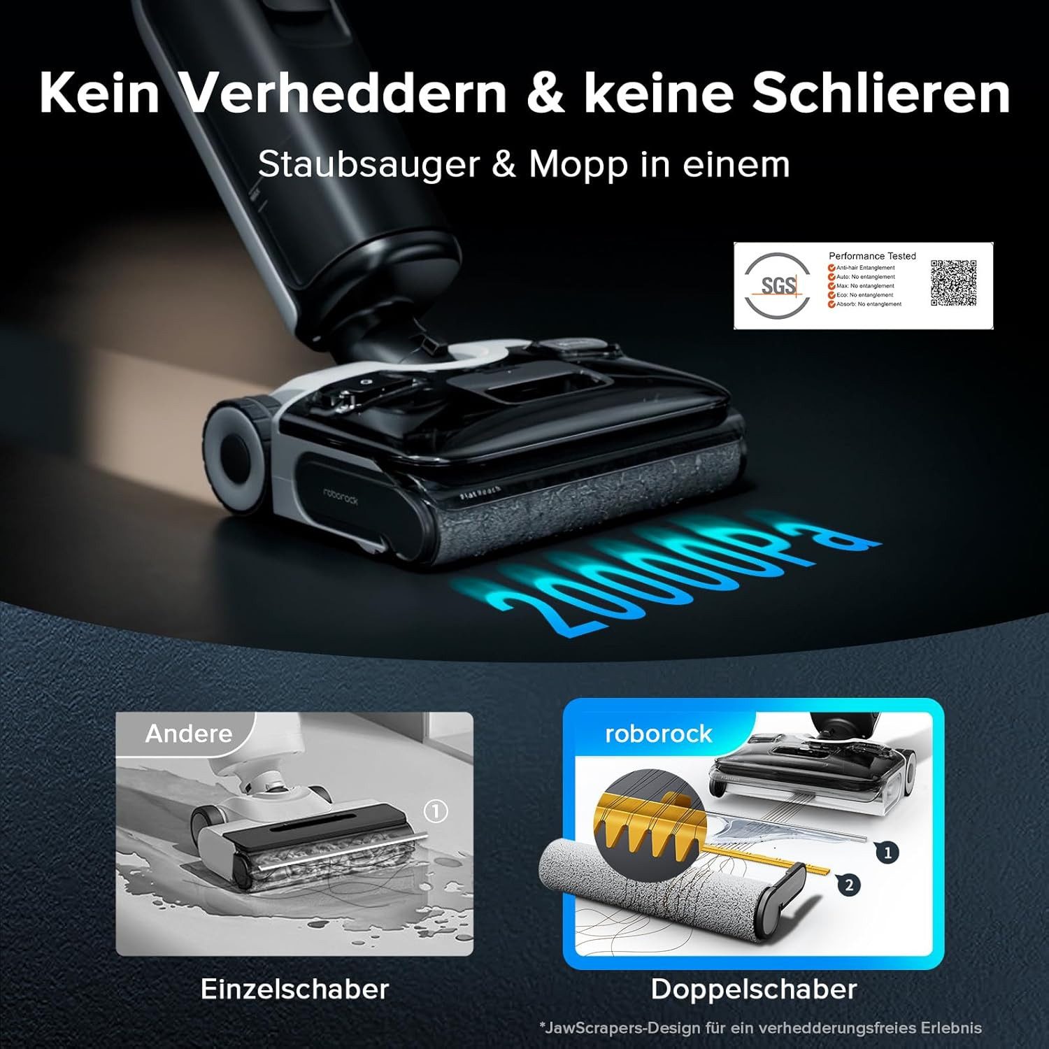 Roborock Nass-Trocken-Akkusauger F25 ACE Combo 5-in-1 kabelloser Sauger Bodenreinigungsmaschine, mit Beutel, 20.000 Pa Absaugleistung, für nasse und trockene Verschmutzungen