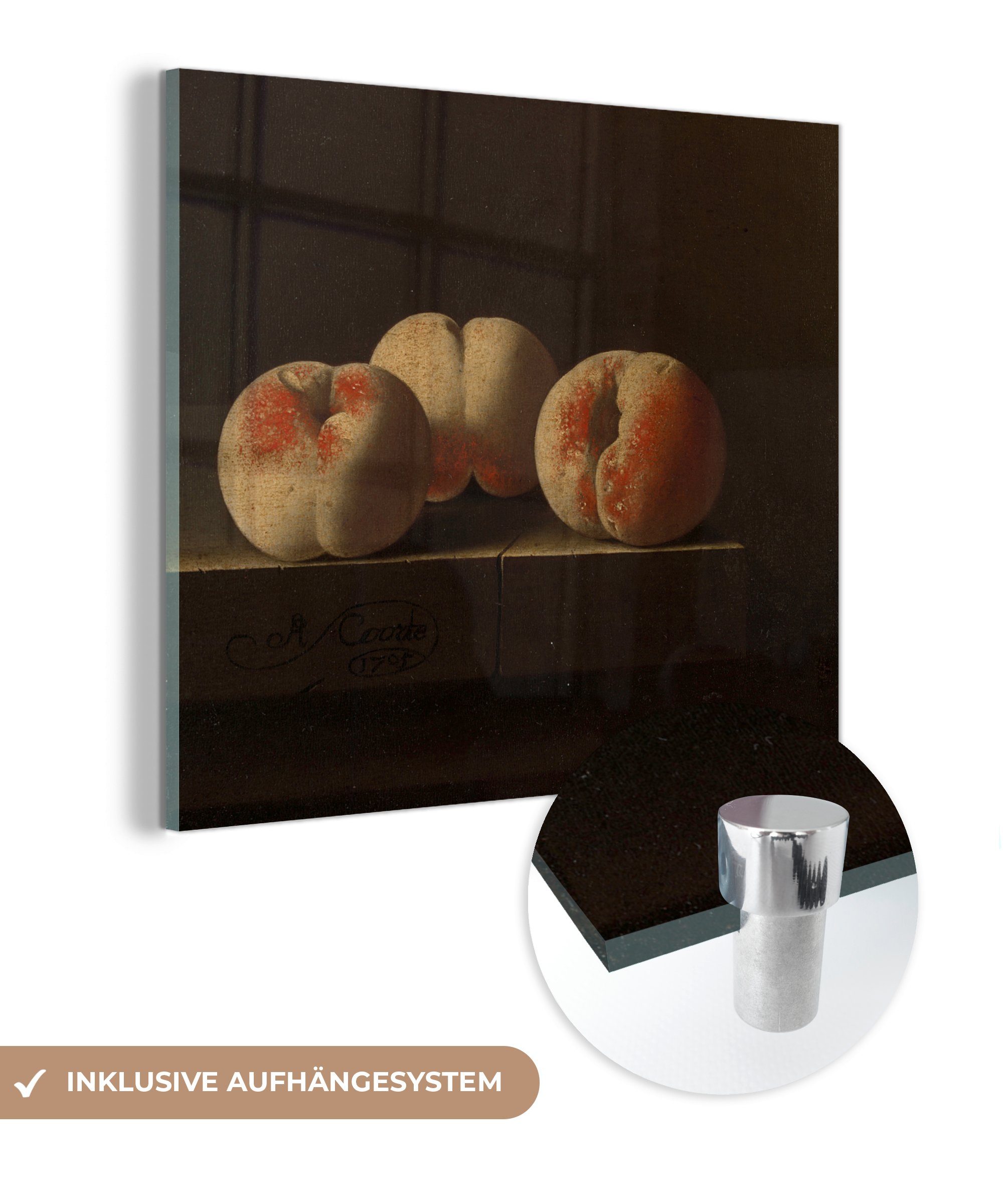 MuchoWow Acrylglasbild Drei Pfirsiche auf einem Steinsockel - Gemälde von Adriaen Coorte im, (1 St), Glasbilder - Bilder auf Glas Wandbild - Foto auf Glas - Wanddekoration