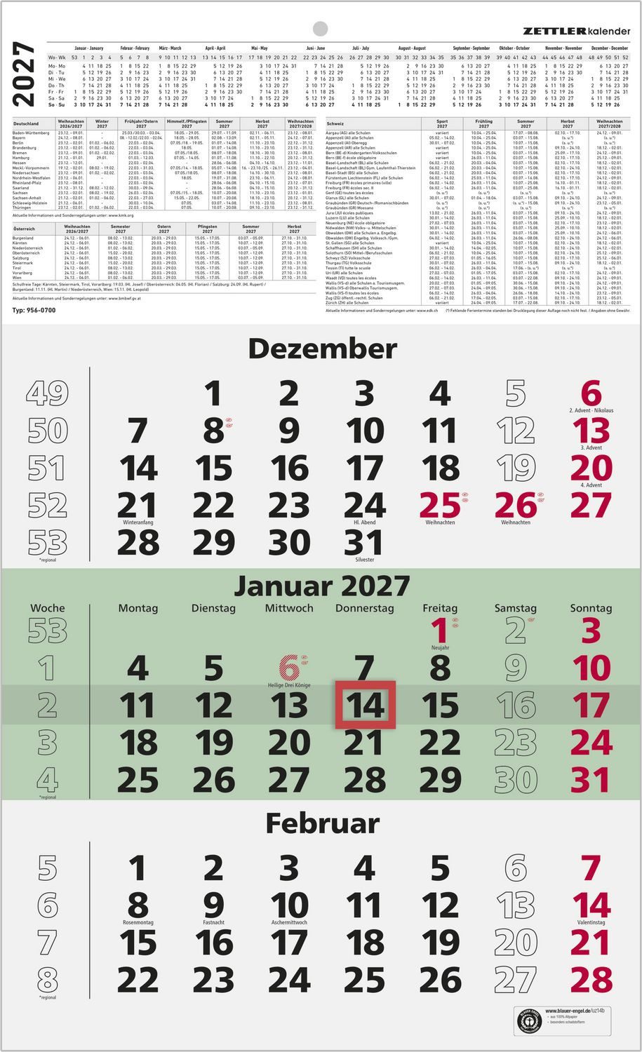 NEUMANN Wandkalender 3-Monatskalender grün Blauer Engel* 2027