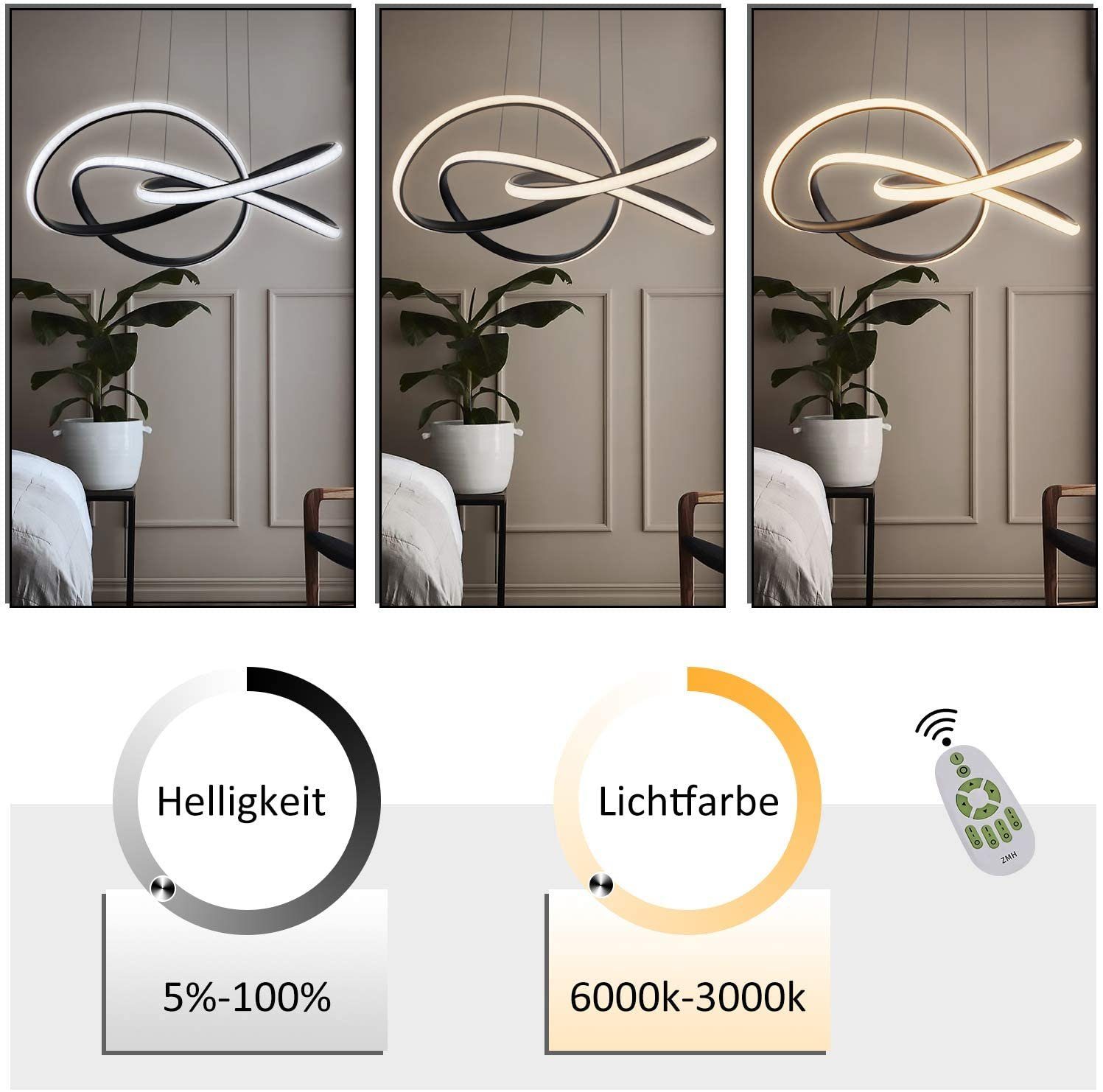 ZMH LED Pendelleuchte Höhenverstellbar 62W Ring Kronleuchter Fernbedienung Schlafzimmer, LED fest integriert, 3000-6500k, Ø62cm Ringe Kronleuchter Pendant Lamp  – Bild 4 von 5