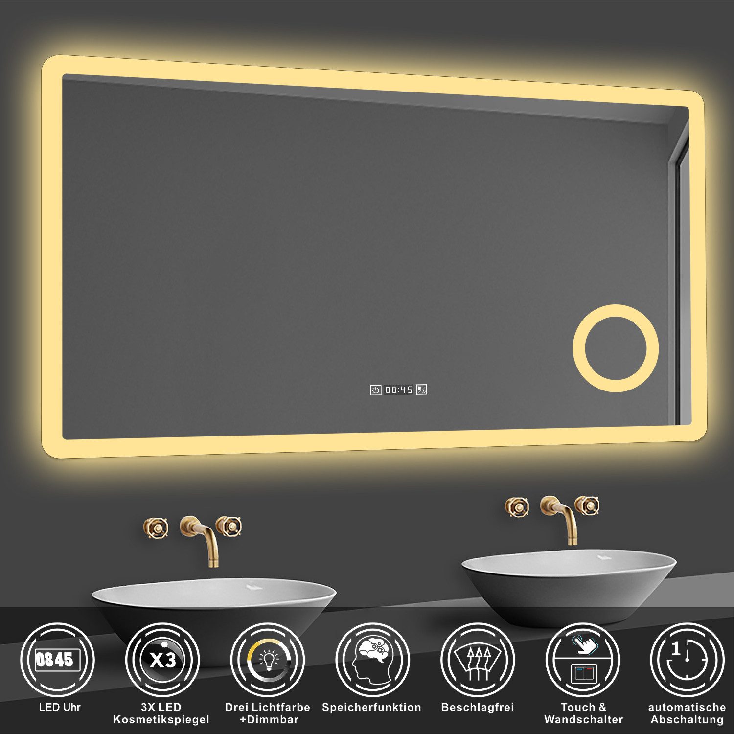 duschspa Badspiegel 80-160cm 3 Lichtfarbe, Uhr, Beschlagfrei, 3-Fach Schmin günstig online kaufen