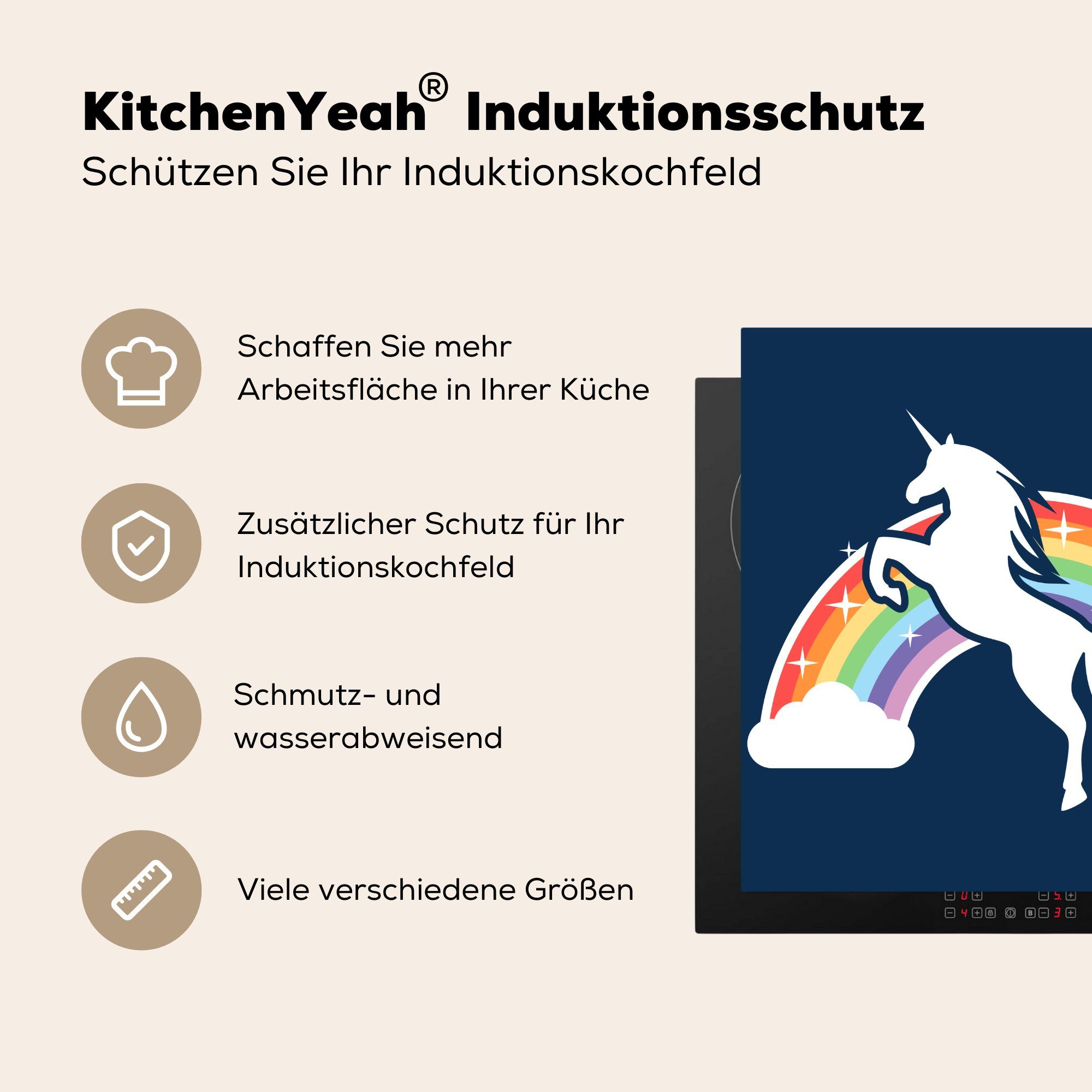 MuchoWow Herdblende-/Abdeckplatte Illustration eines Einhorns Regenbogen, mit cm, für Ceranfeldabdeckung, 78x78 küche tlg), (1 einem Vinyl, Arbeitsplatte