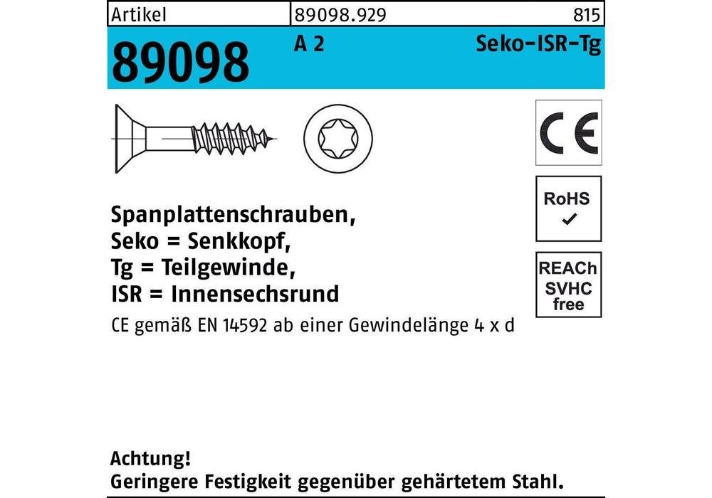Sechskant-Holzschraube Spanplattenschraube R 89098 SEKO Innensechsrund TG 5 x 70 -T25 A 2