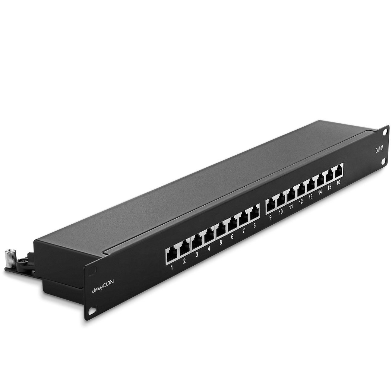 deleyCON CAT 6a Patchpanel 16 Port 19" Rack Server geschirmt 16x RJ45 Netzwerk-Patch-Panel