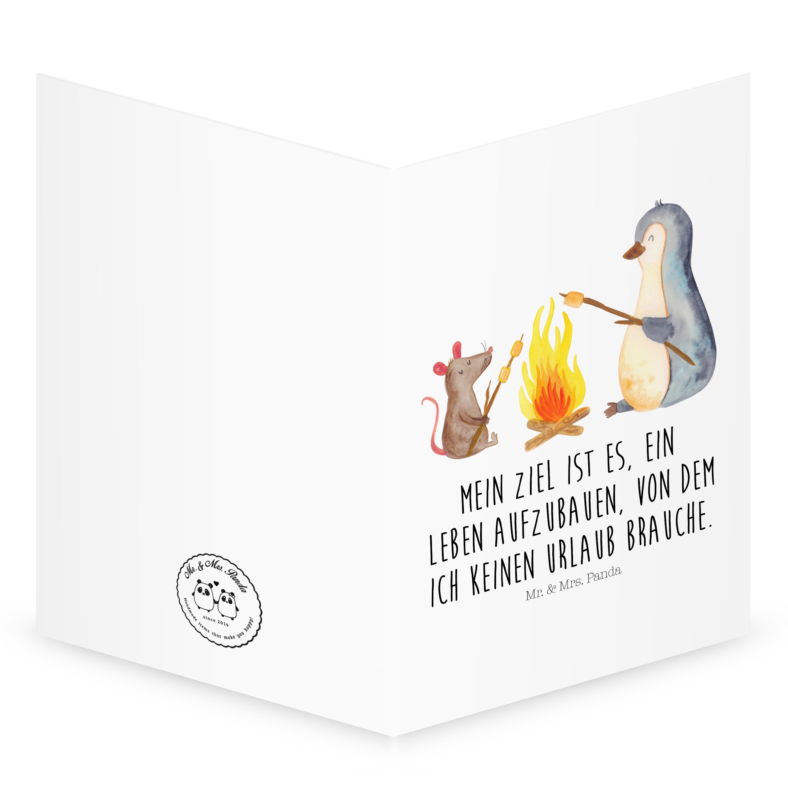 Marshmallows Glückwunschkarte, Weiß - Geschenk, Mrs. Grußkarte & Pinguin Lagerfeuer - Mr. Panda
