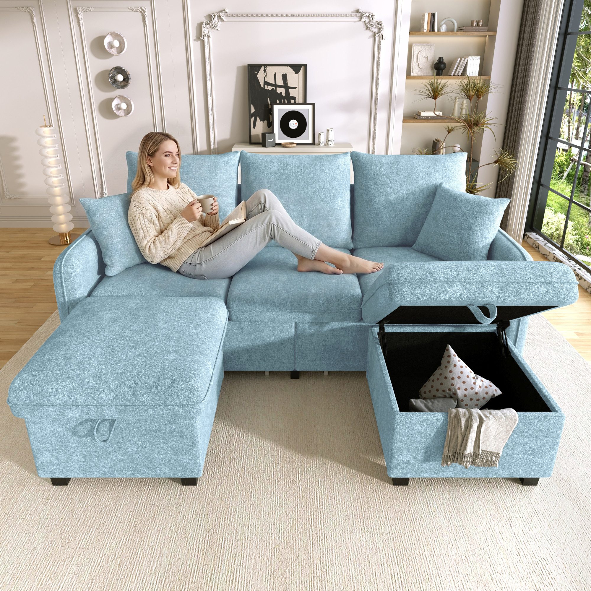 Merax Ecksofa U-förmiges Schlafsofa mit Staufunktion, Tagesbett Sofa Wohnzimmersofa aus Chenille-Bezug 1 Teile, 3-Sitzer-Ecksofa mit 2 Schubladen & 2 Hocker mit Stauraum, Polstersofa