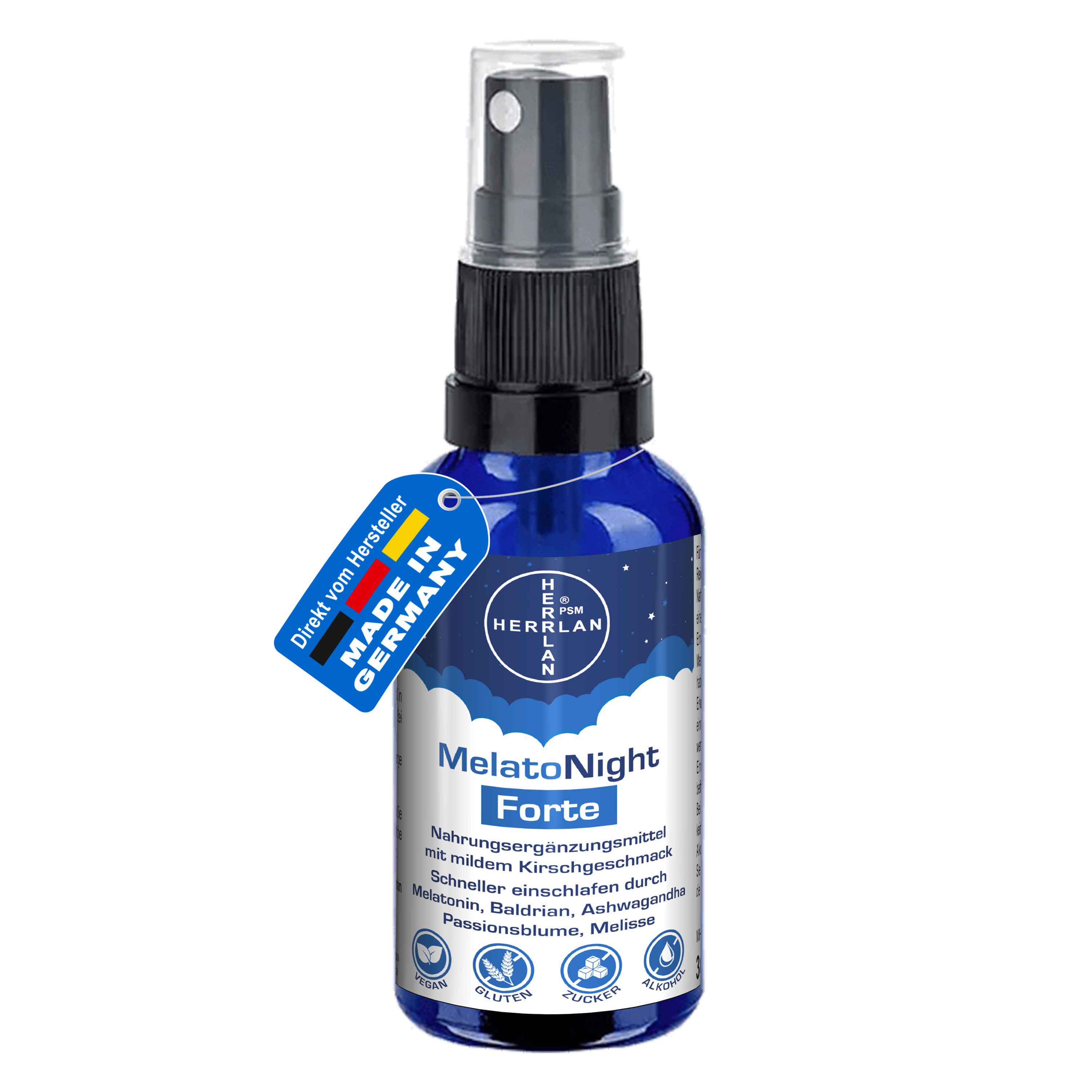 HERRLAN Mundspray MelatoNight Forte - Melatonin Spray Hochdosiert, (mit Kirschgeschmack, Ashwagandha, Baldrian, Melisse und Passionsblume) HERRLAN-Qualität I Made in Germany
