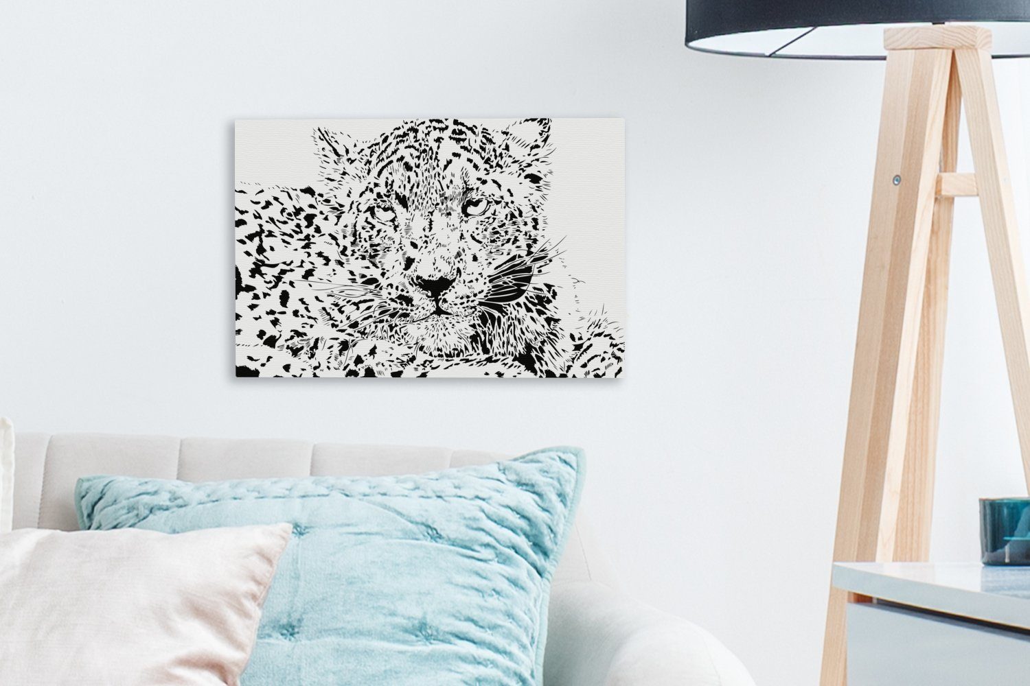 OneMillionCanvasses® Leinwandbild Aufhängefertig, Schneeleoparden, eines Leinwandbilder, Schwarz-Weiß-Illustration 30x20 St), Wanddeko, (1 cm Wandbild liegenden