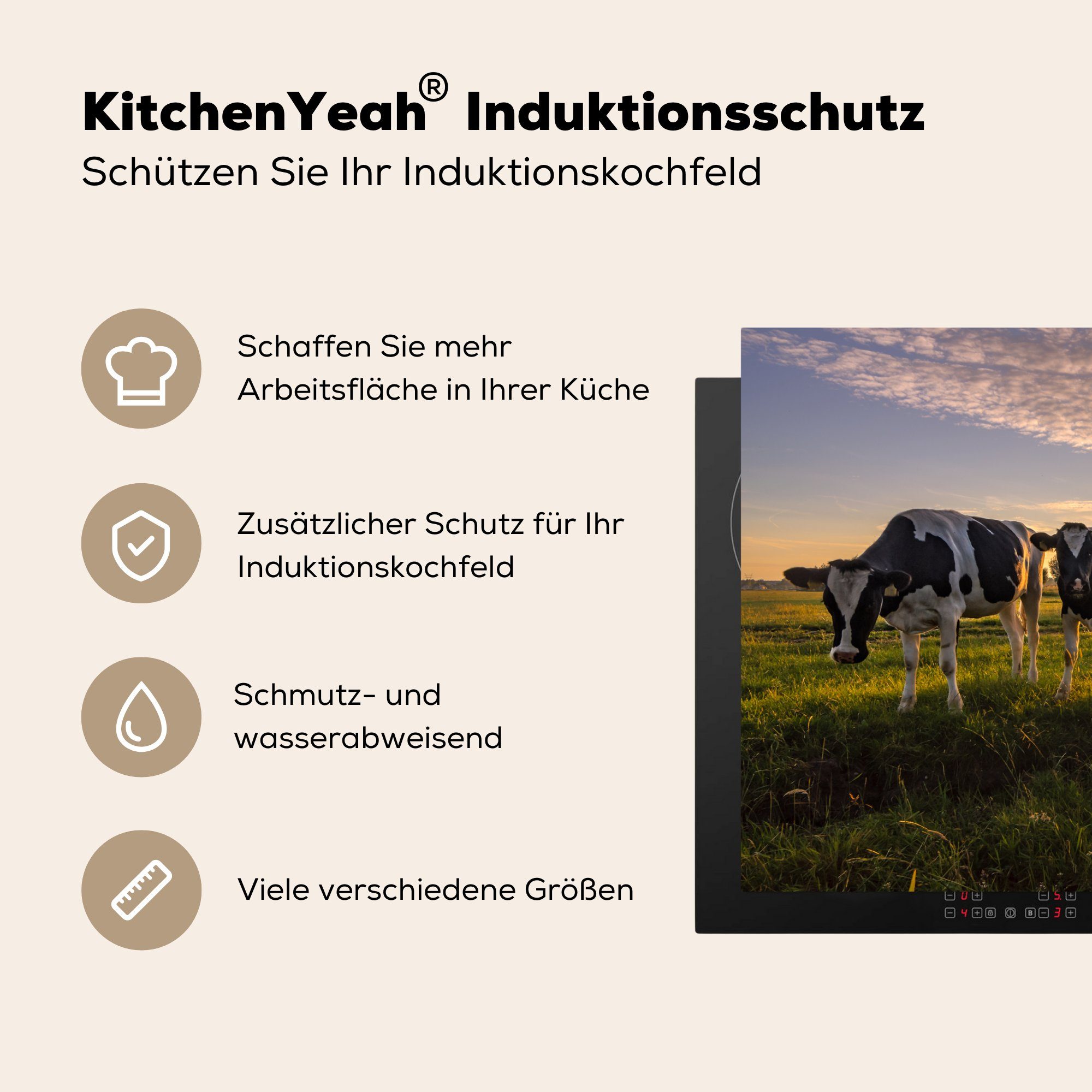 81x52 tlg), Kuh küche, für (1 Vinyl, Schutz - MuchoWow Herdblende-/Abdeckplatte die Wiese, Induktionskochfeld Ceranfeldabdeckung cm, Tier -