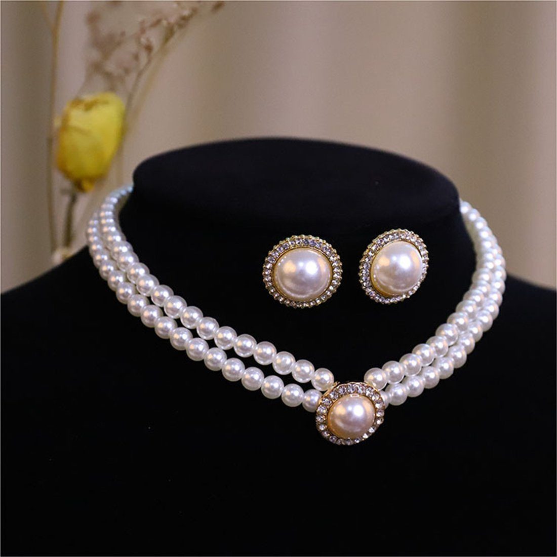 Perlenring-Ohrringe-Halsketten-Set 3-teiliges DÖRÖY Schmuckset Brautschmuck-Set,