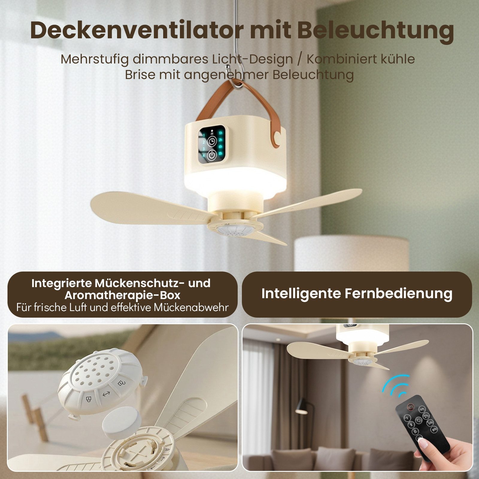 Rosnek Deckenventilator mit Beleuchtung Camping, tragbar, Fernbedienung, 4 Stufen, 3 Lichtmodi, 7200mAh, 7-20h, Balkon Camping RV