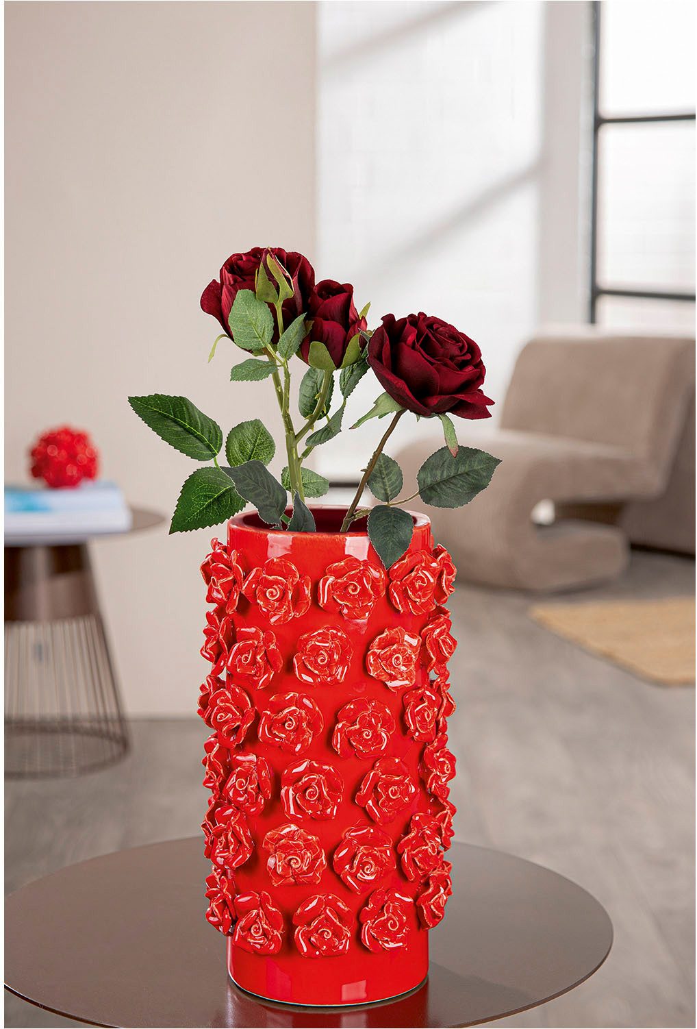 GILDE Tischvase Vase zylindrisch Roses rot H. 30,5 cm (1 St)