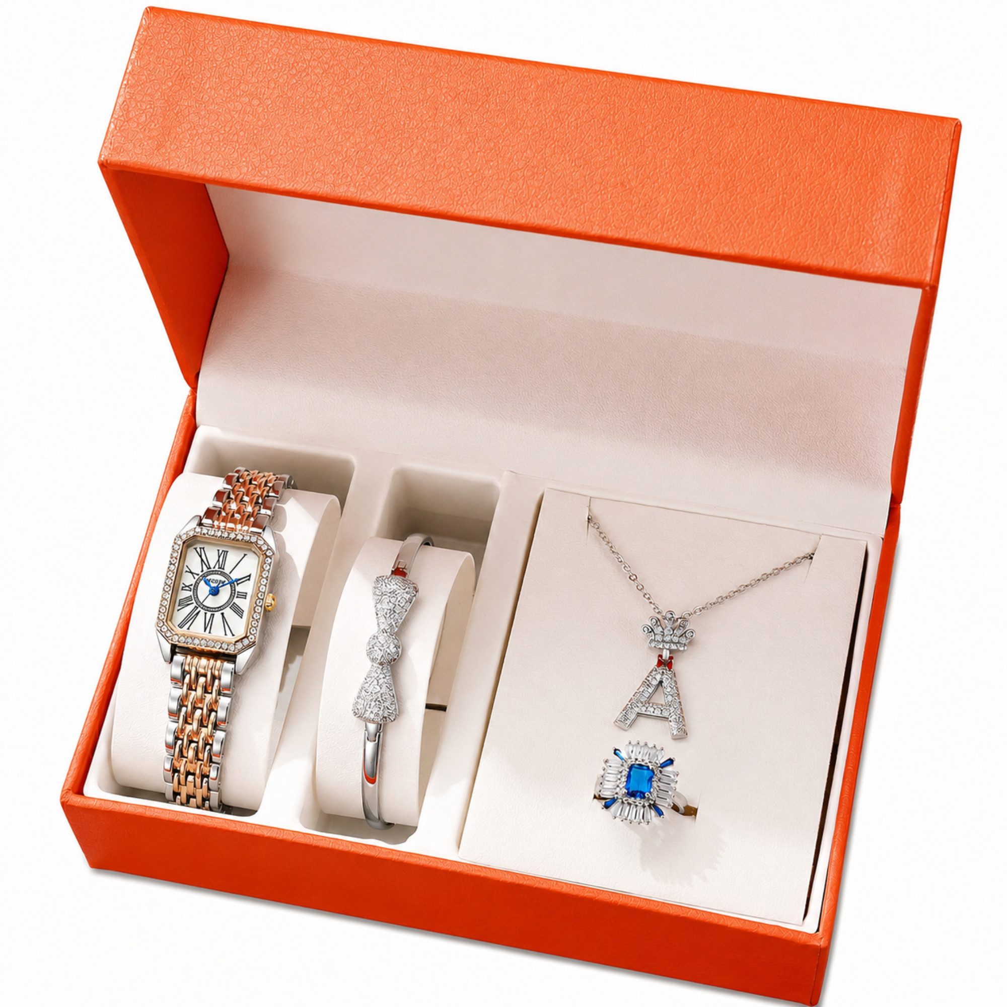 Luckice Quarzuhr Damen Schmuckset –Quarzuhr,Armband,Halskette,Ring,Geschenkbox, (Elegant Analog Quarz Uhr mit Digital Zifferblatt und Elastisch Legierung Armband .Frauen Mädchen Strass Quarzuhr für Weihnachten Bracelet Jewelry Set.Damengeschenke, Weihnach