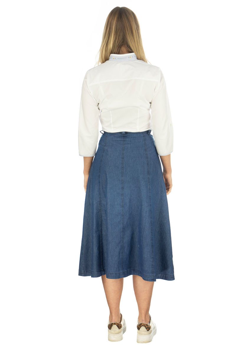 OS Trachten Jeansrock Brujus Trachtenrock wadenlanger Tellerrock mit 2 Seitentaschen und Stickerei – Bild 4 von 5
