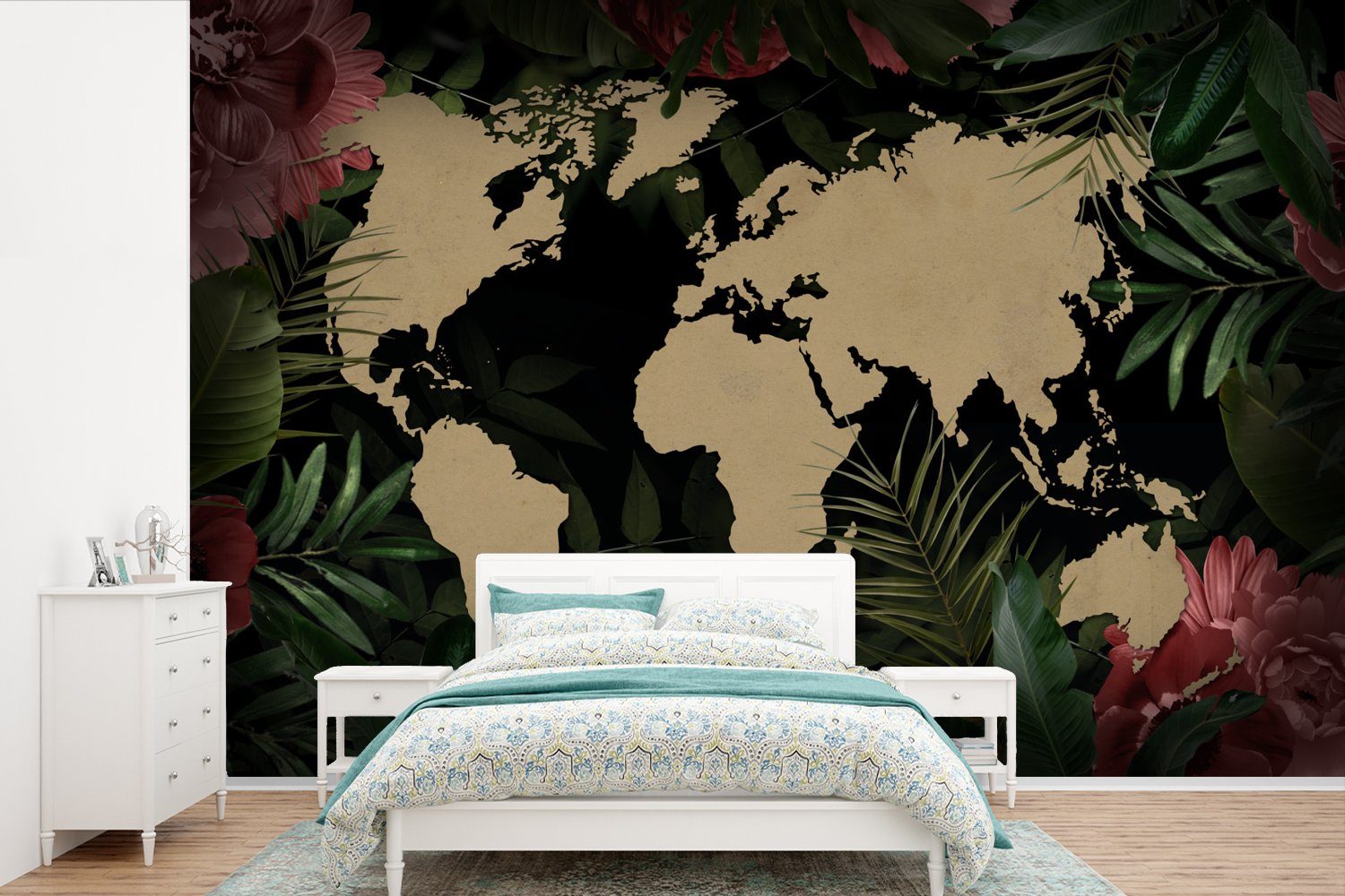 MuchoWow Fototapete Weltkarte - Blumen - Tropische Pflanzen, Matt, bedruckt, (6 St), Wallpaper für Wohnzimmer, Schlafzimmer, Kinderzimmer, Vinyl Tapete