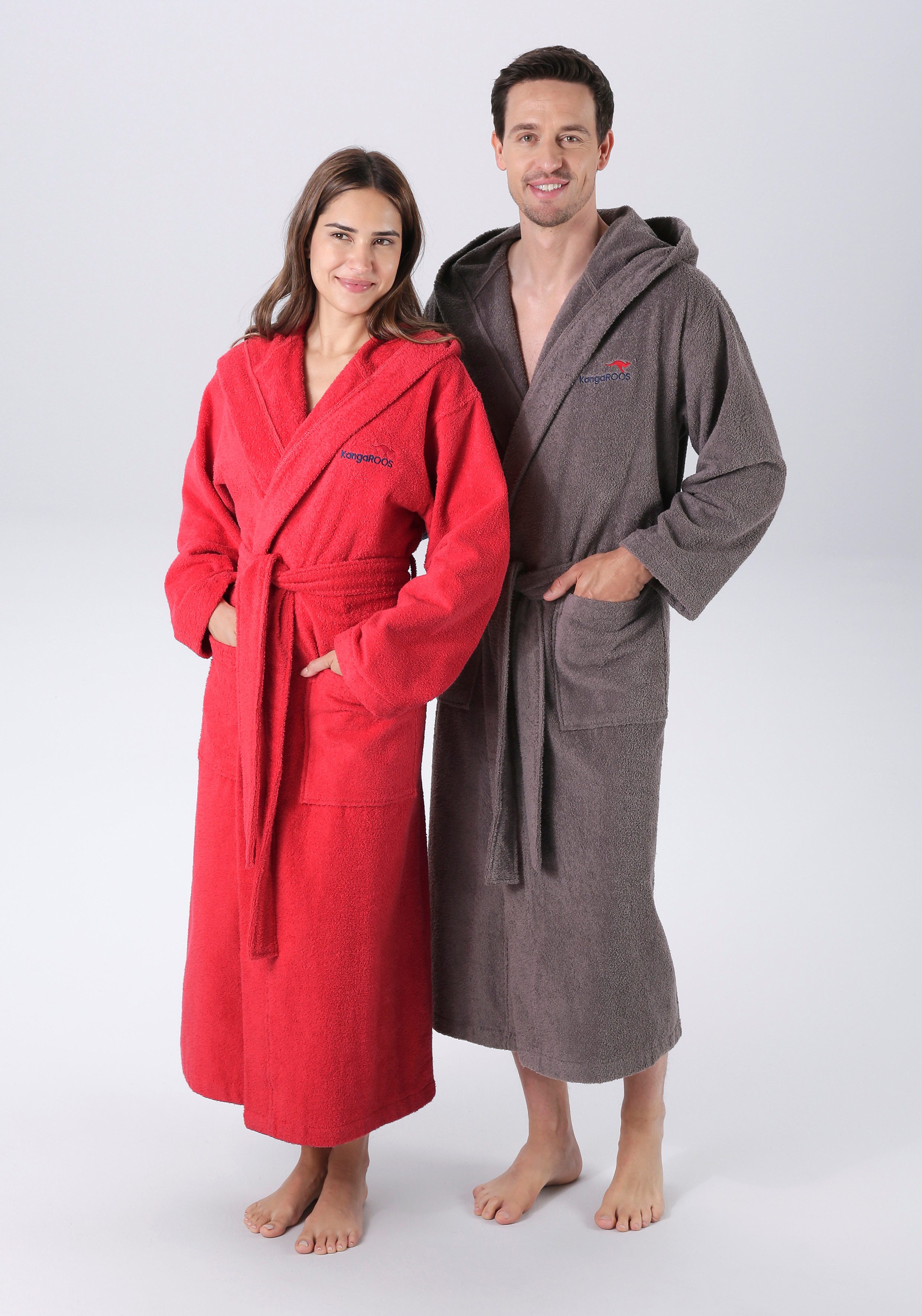 KangaROOS Unisex-Bademantel Cassidy, für Damen & Herren, Standardlänge & Überlänge, Langform, Walkfrottee, Kapuze, Gürtel, mit Taschen, Männer und Frauen, Baumwolle, Reise, Hotel, Sauna, S-3XL