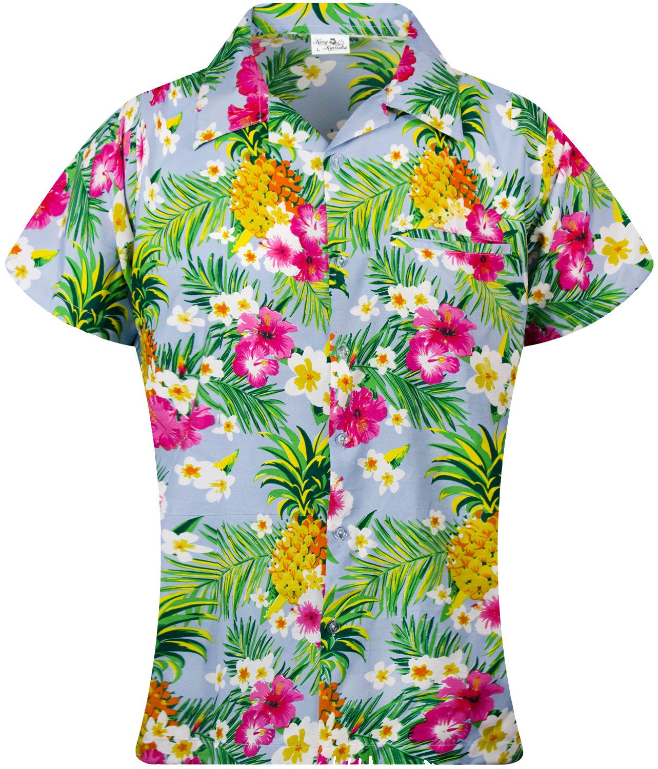 King Kameha Hawaiihemd Pineapple Flowers Funky Hawaiibluse Damen Kurzarm Front-Tasche Stylish