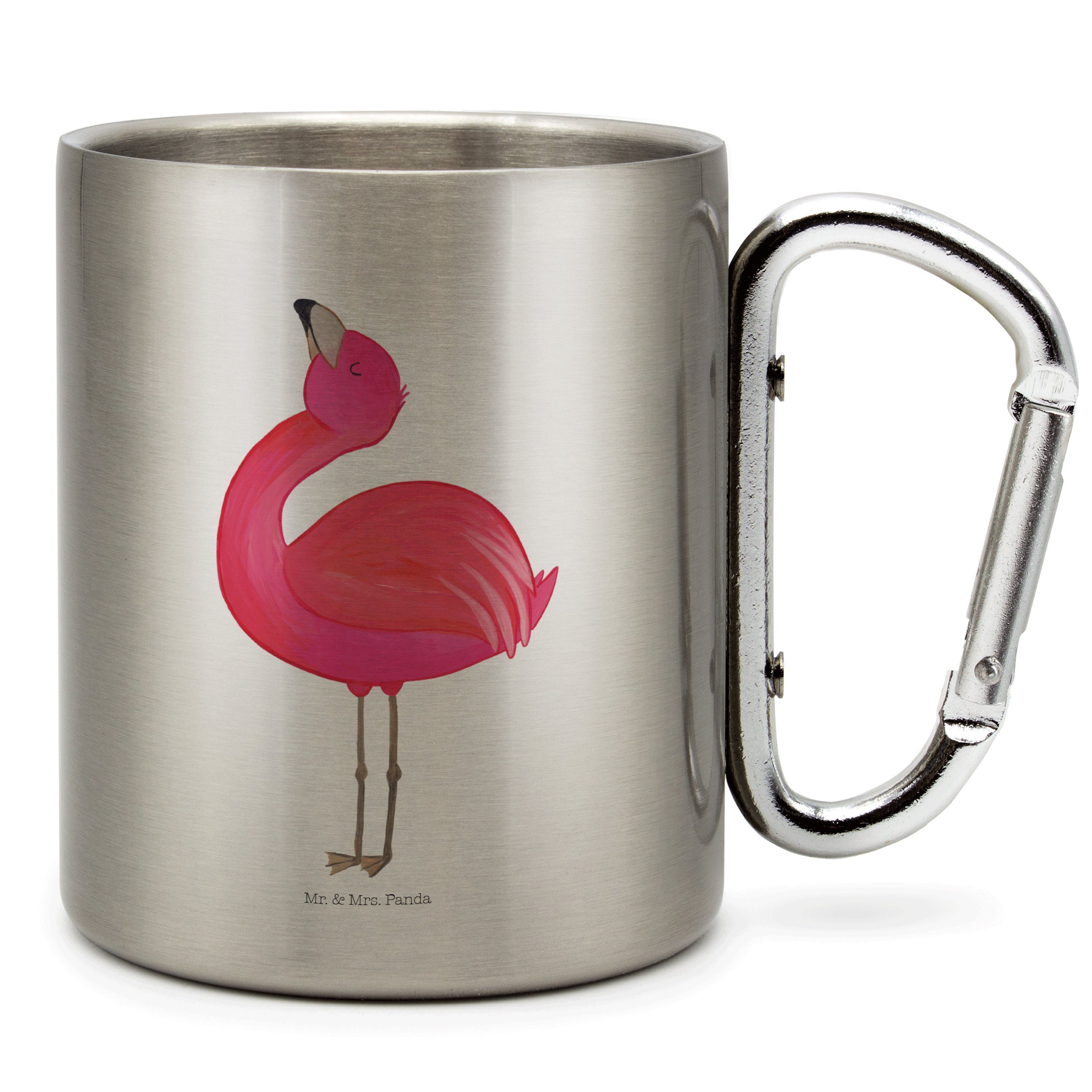 Panda Mrs. & Geschenk, Edelstahl - Tasse, stolz Selbstakzeptanz, Mr. rosa, Transparent - Flamingo Tasse