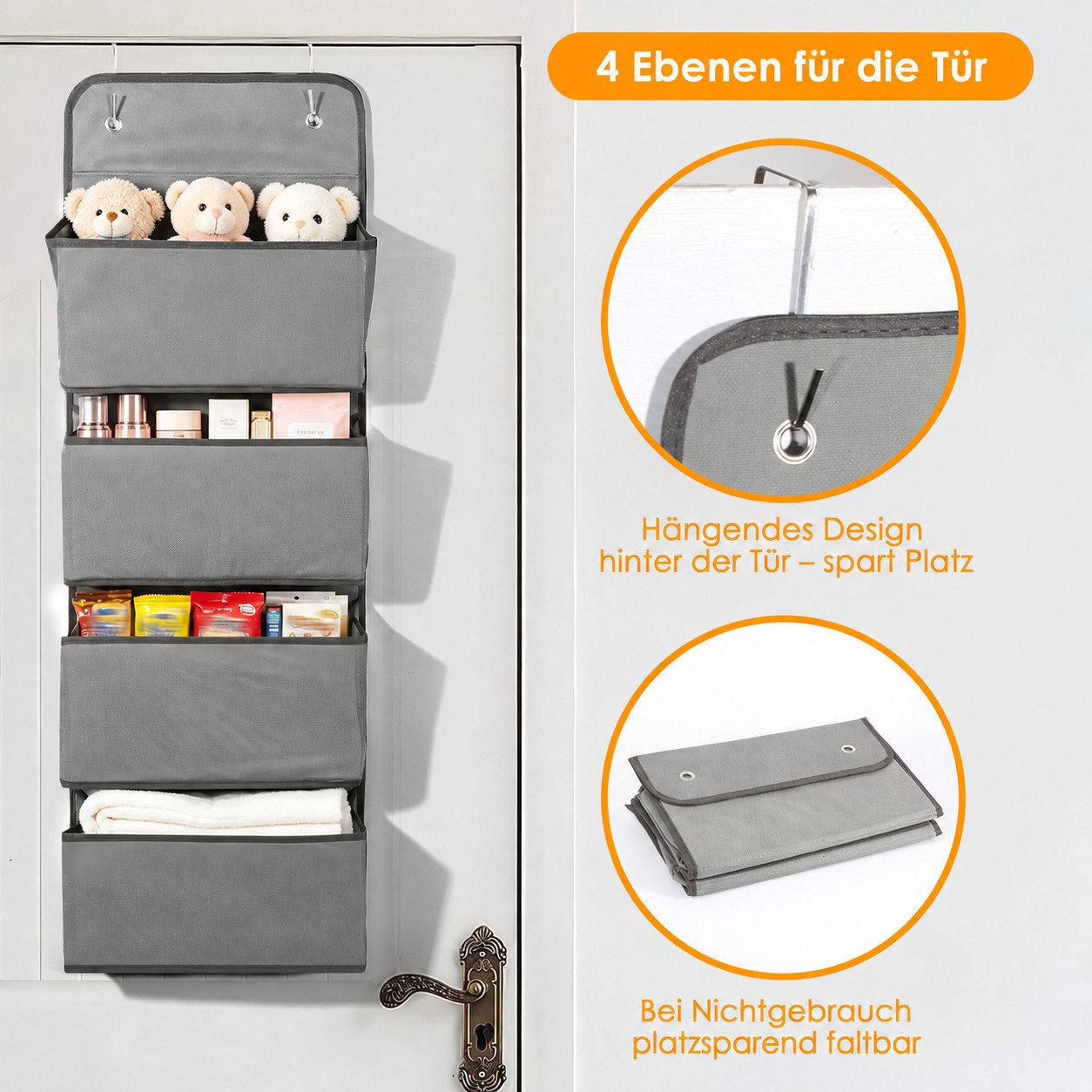 BlingBin Hängeaufbewahrung Hängeorganizer mit 4 Taschen, Platzsparendes Hängeregal (1er Set, 1 St., 1 x Hängeaufbewahrungstasche + 2 x Haken), Tür-Aufbewahrungs-Organizer, Faltbarer Kleiderschrank-Organizer, Grau