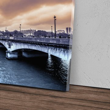 Sinus Art Leinwandbild 120x80cm Wandbild auf Leinwand Paris Eiffelturm Fluss Steinbrücke Fran, (1 St)