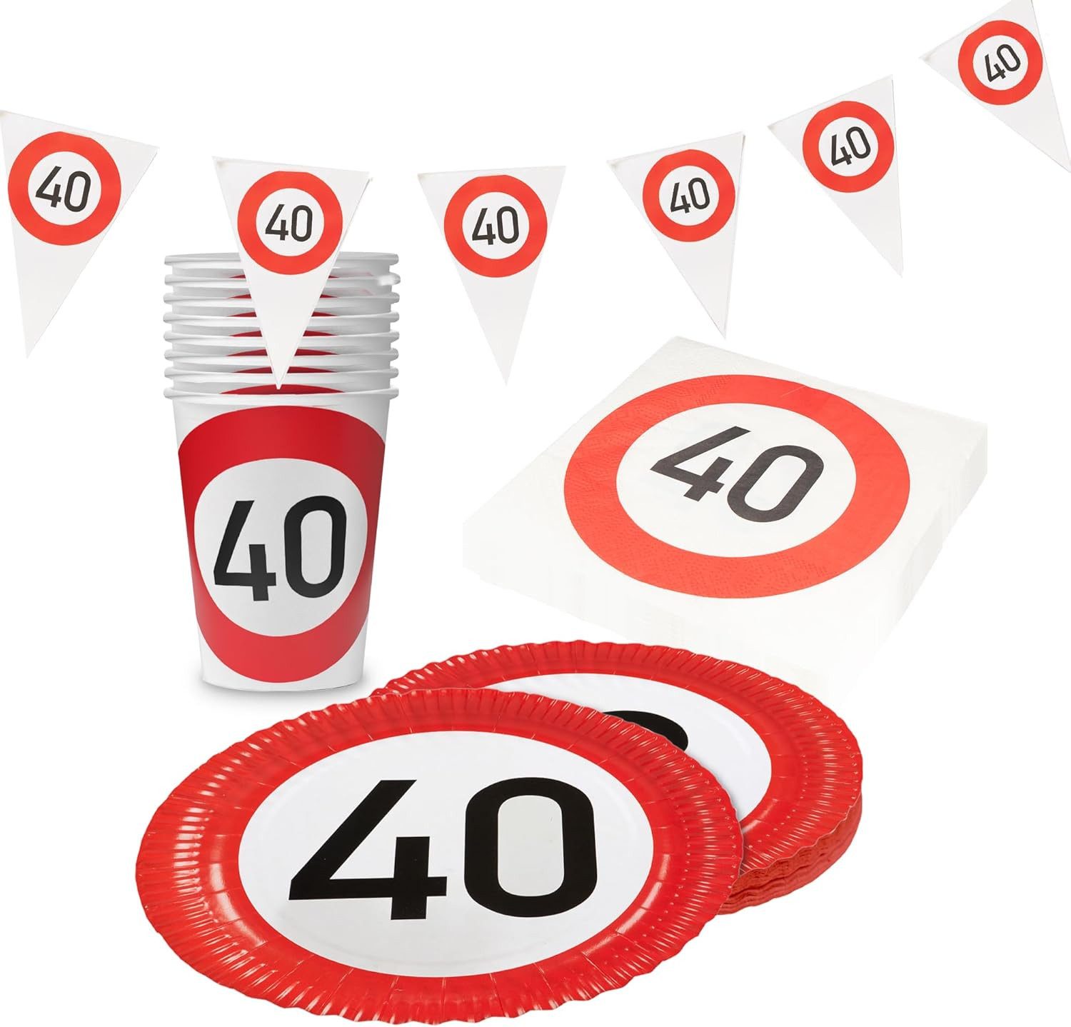 Party Factory Geschirr-Set Happy Birthday 40 Jahre Partyset Teller Becher Servietten Wimpelkette, 8 Personen, Verkehrsschilder Design - Fest mit Stil und Humor